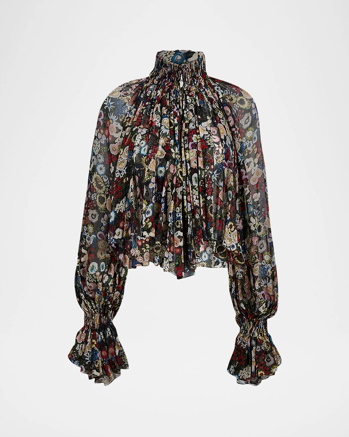 Durer Floral Silk Balloon-Sleeve Peasant Top - 1