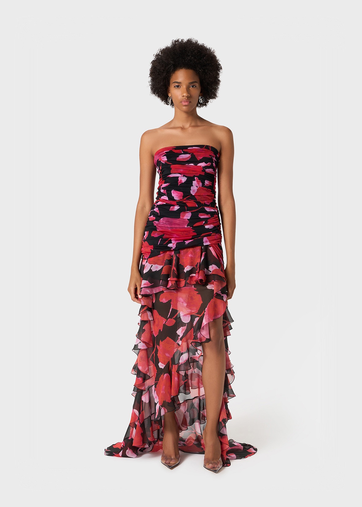 PRINTED JERSEY BUSTIER DRESS WITH CHIFFON FLOUNCES - 2