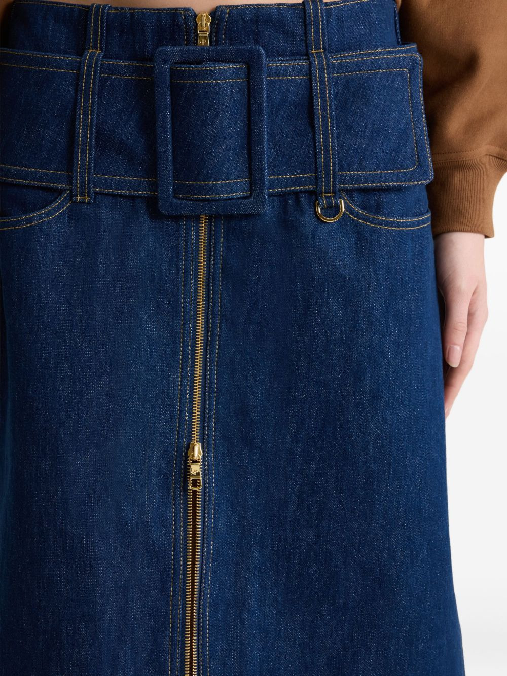 zip-front belted denim skirt - 4