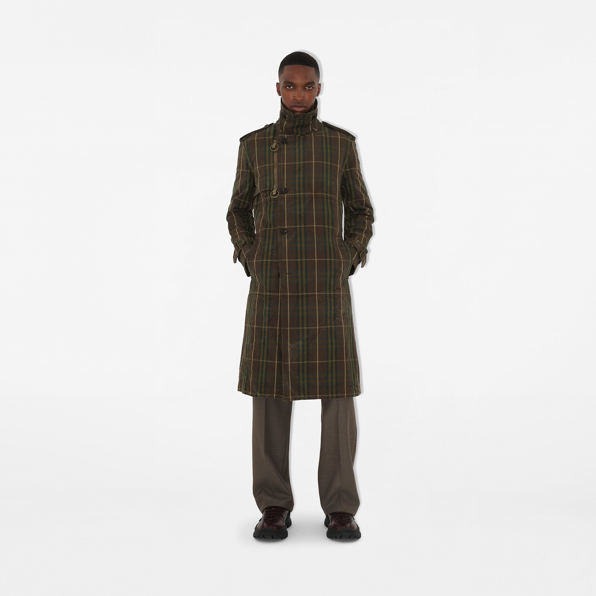 Long Check Cotton Trench Coat - 2
