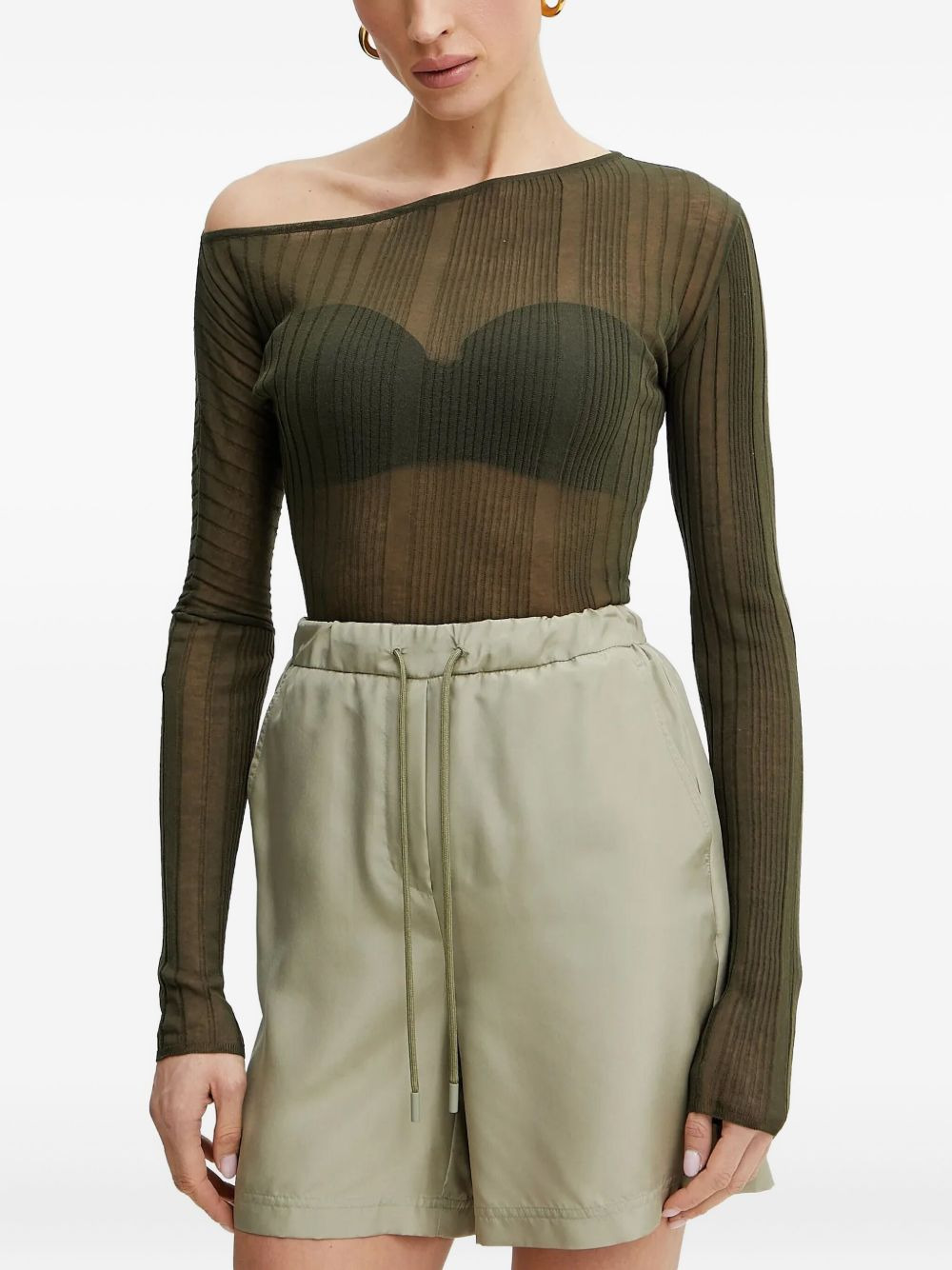 ribbed asymmetric-neck top - 1