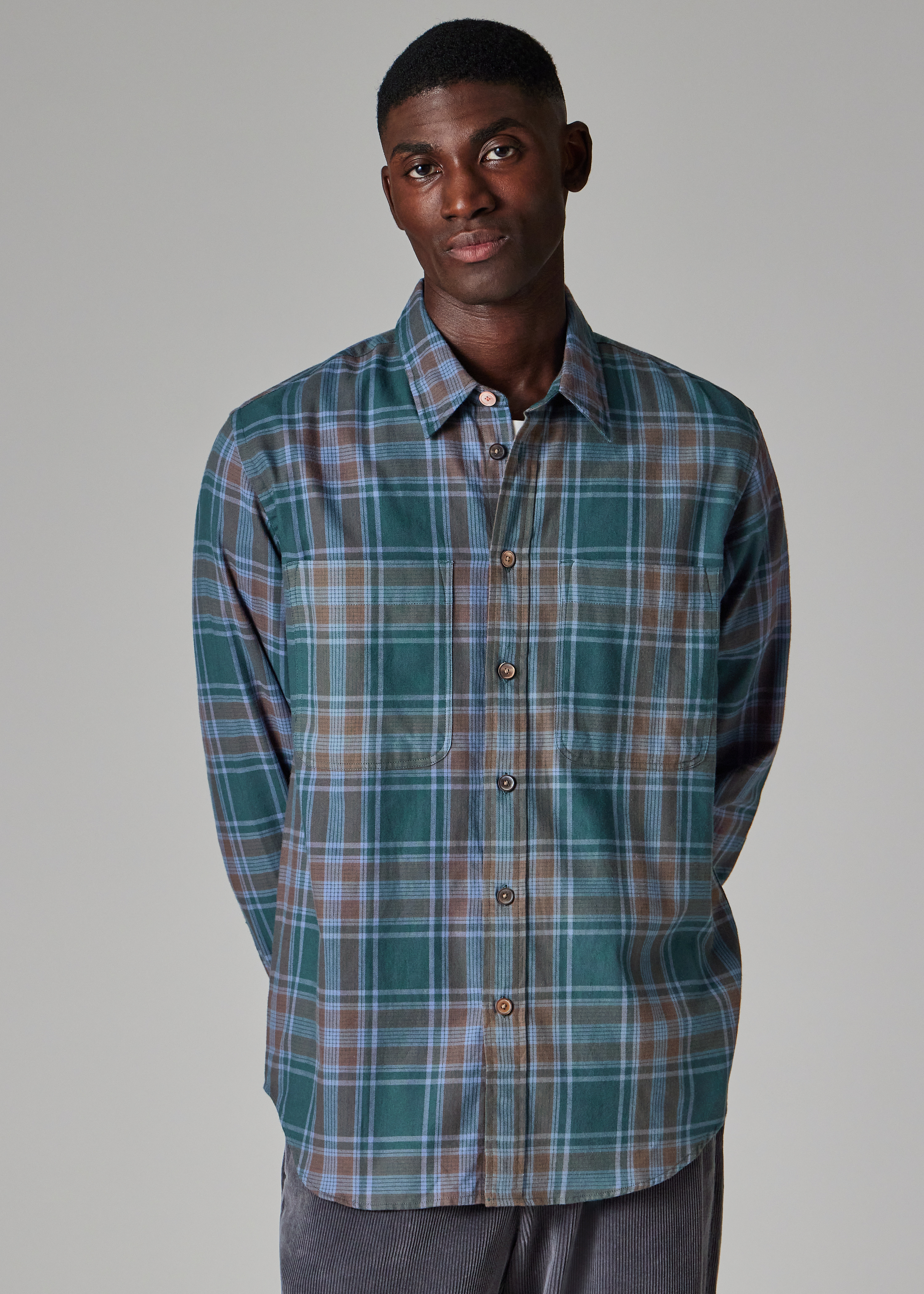 Green and Blue Cotton-Flannel Check Shirt - 4