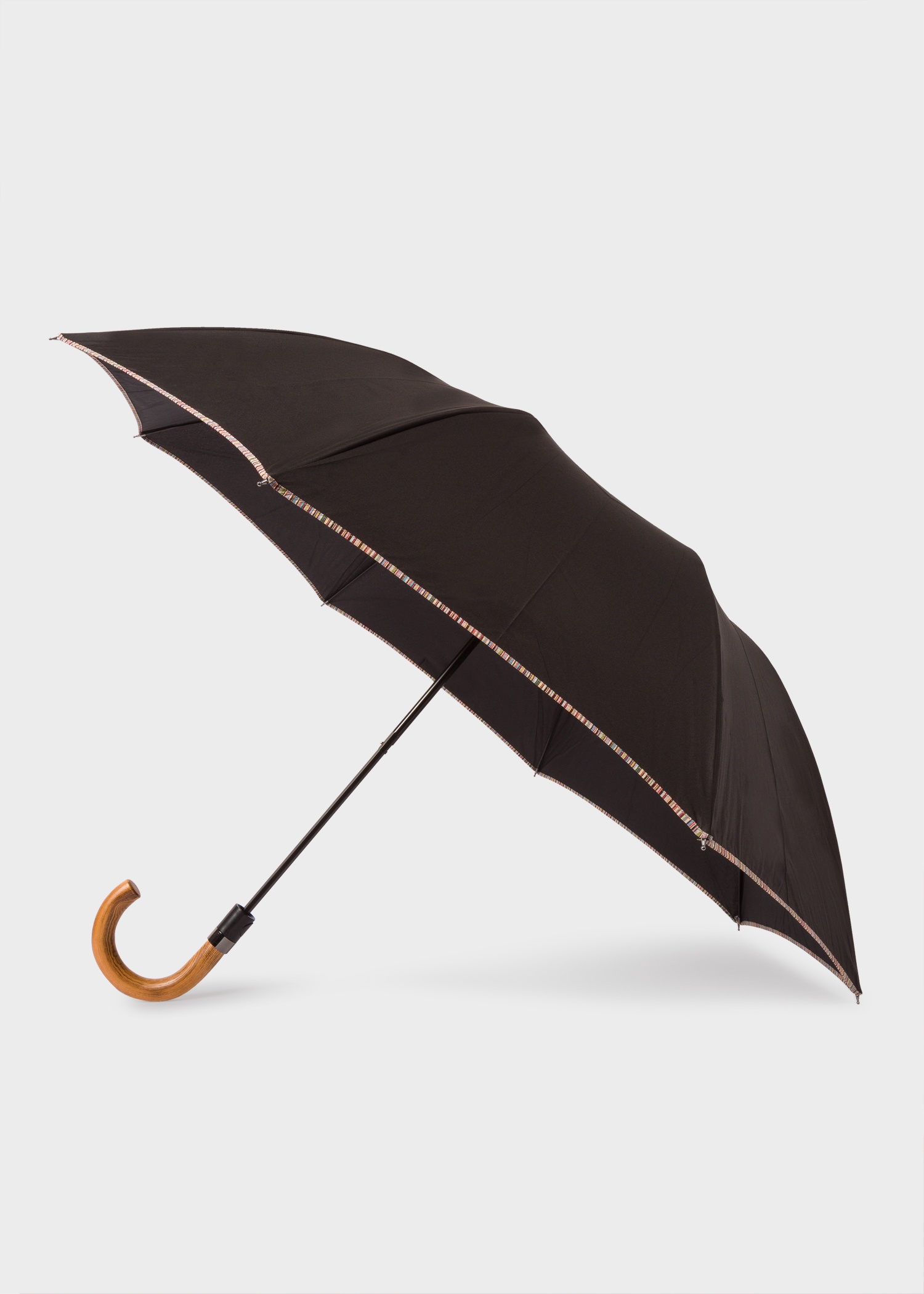 Black 'Signature Stripe' Border Compact Umbrella With Crook Wooden Handle - 1