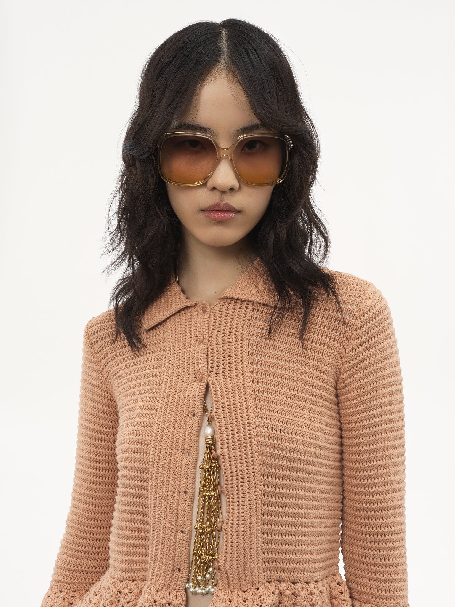 FITTED RUFFLED CARDIGAN IN CROCHET KNIT - 7