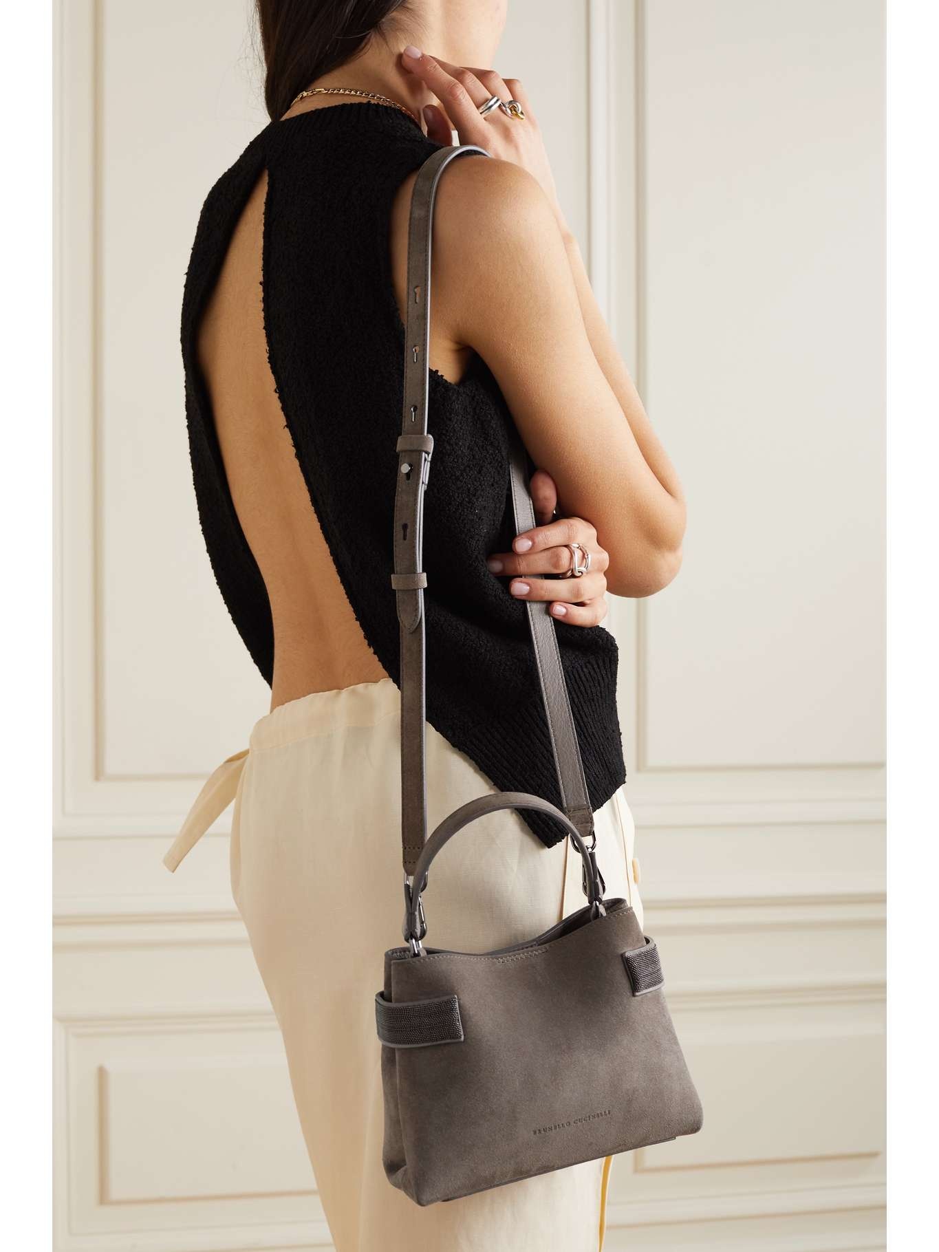 Brunello Cucinelli Bead-embellished suede shoulder bag