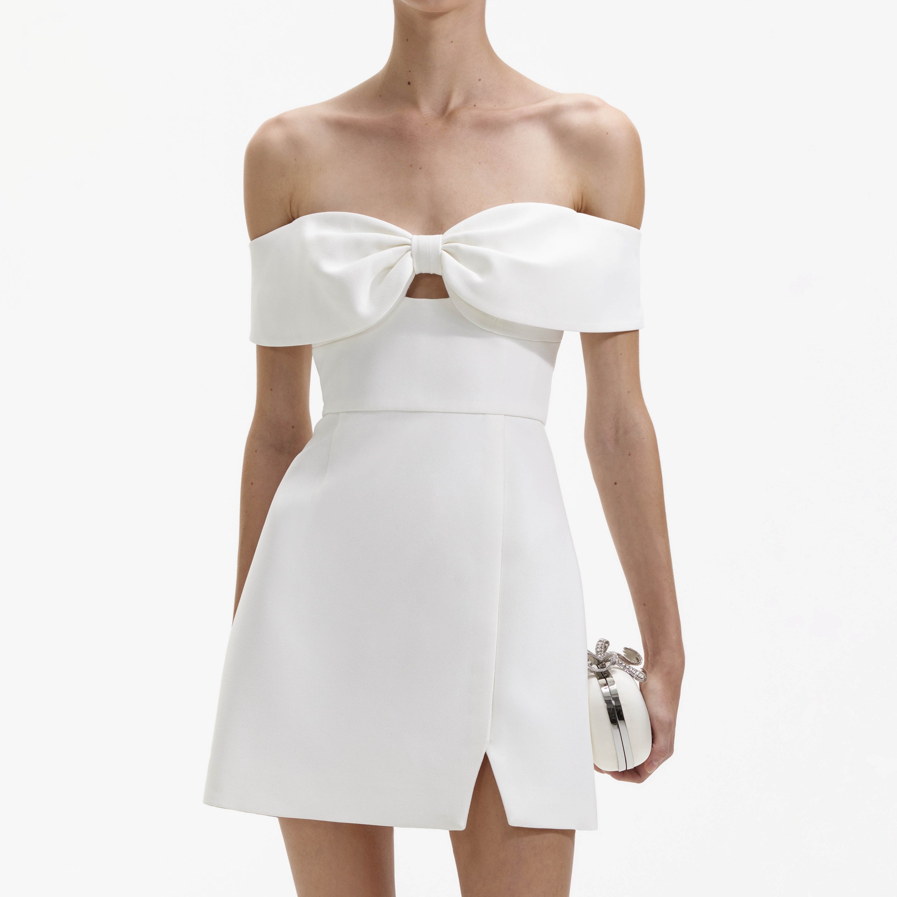 White Bow Crepe Mini Dress - 4