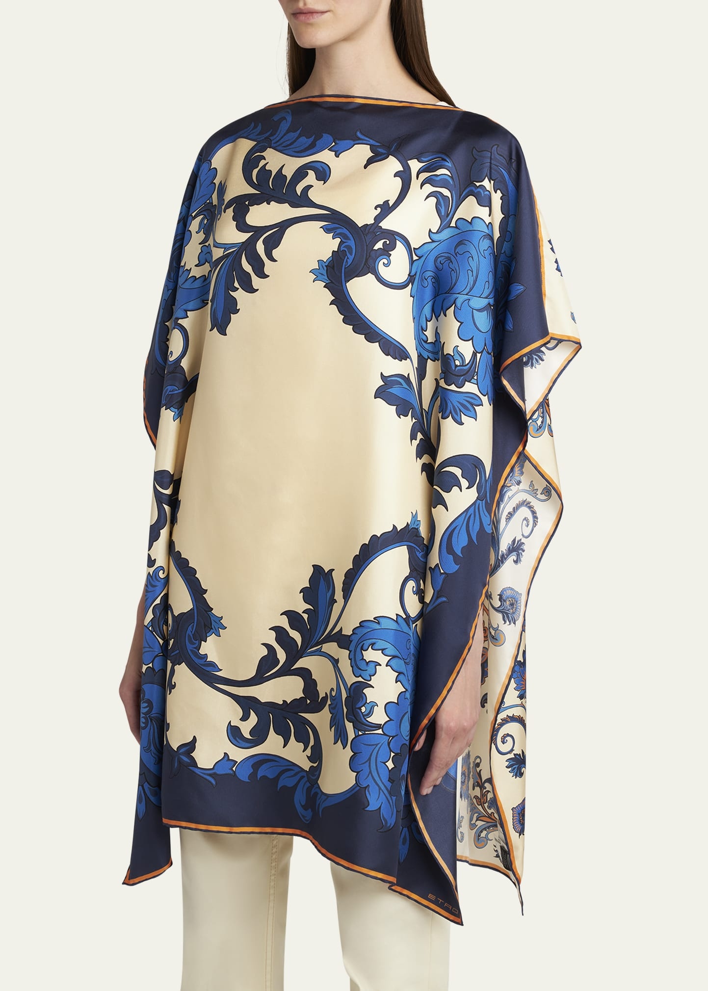 Leaf-Print Silk Poncho - 4