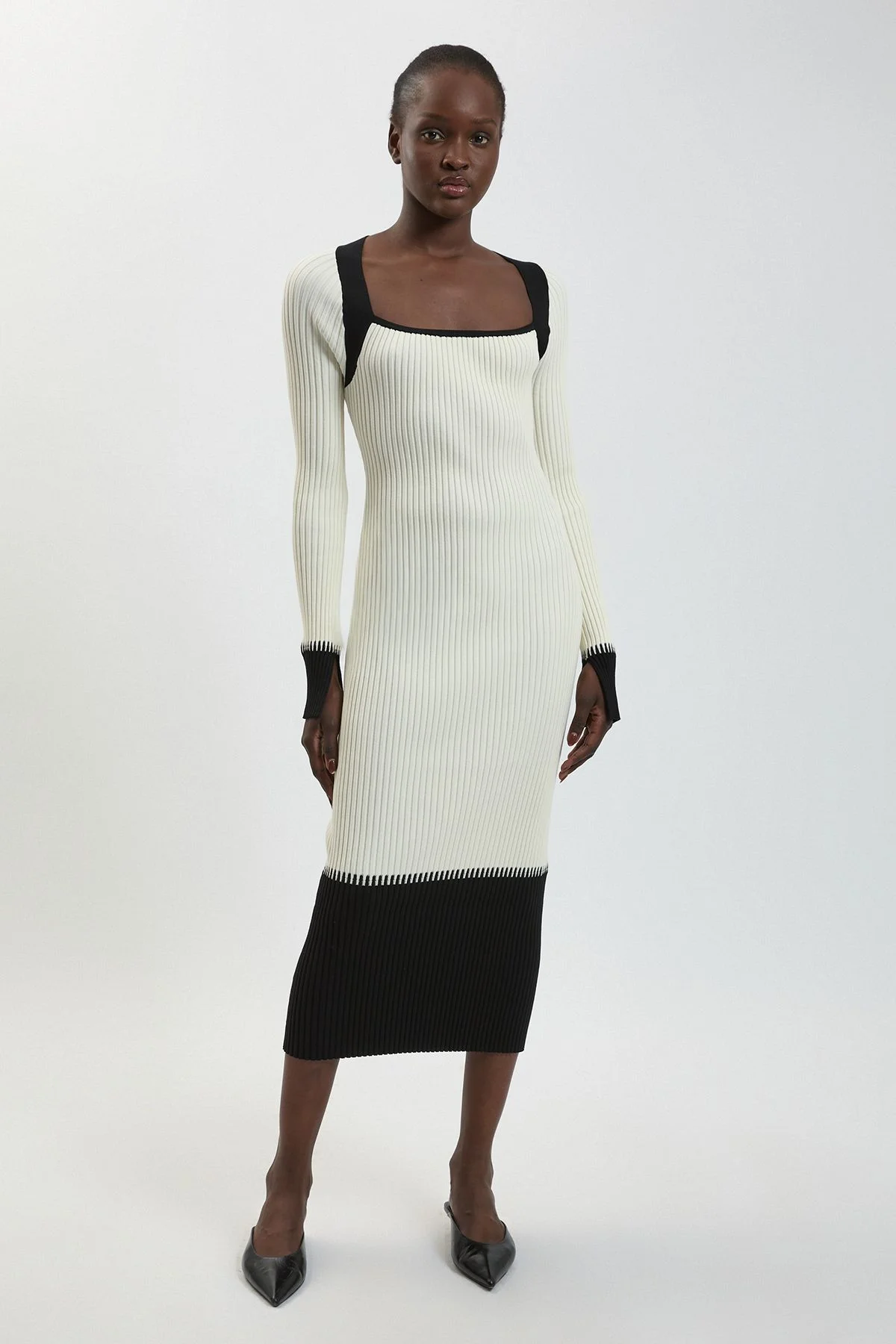 Petite Block Colour Racked Rib Knitted Midi Dress - 1