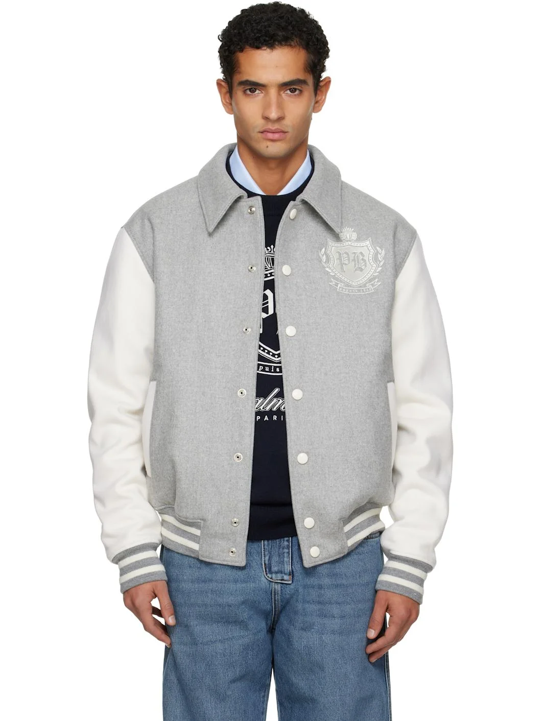 Gray Bicolor Wool Varsity Bomber Jacket - 1