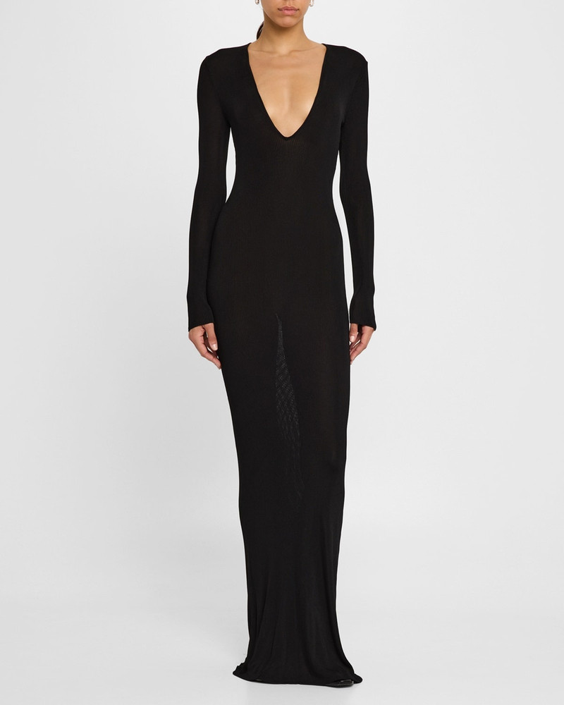 NILI LOTAN Jean Plunging Long-Sleeve Rib Maxi Dress outlook