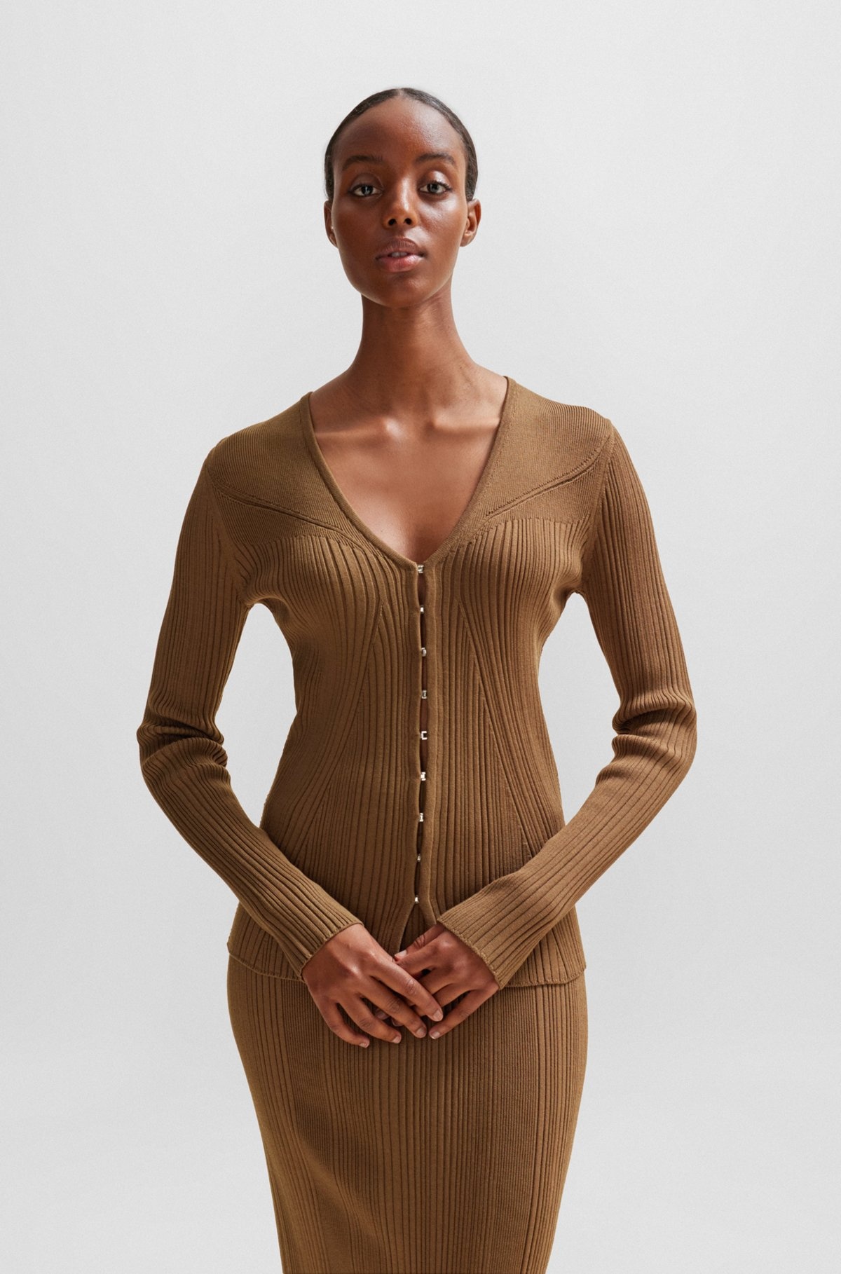 RIBBED CARDIGAN IN STRETCH FABRIC WITH HOOK CLOSURES - 2