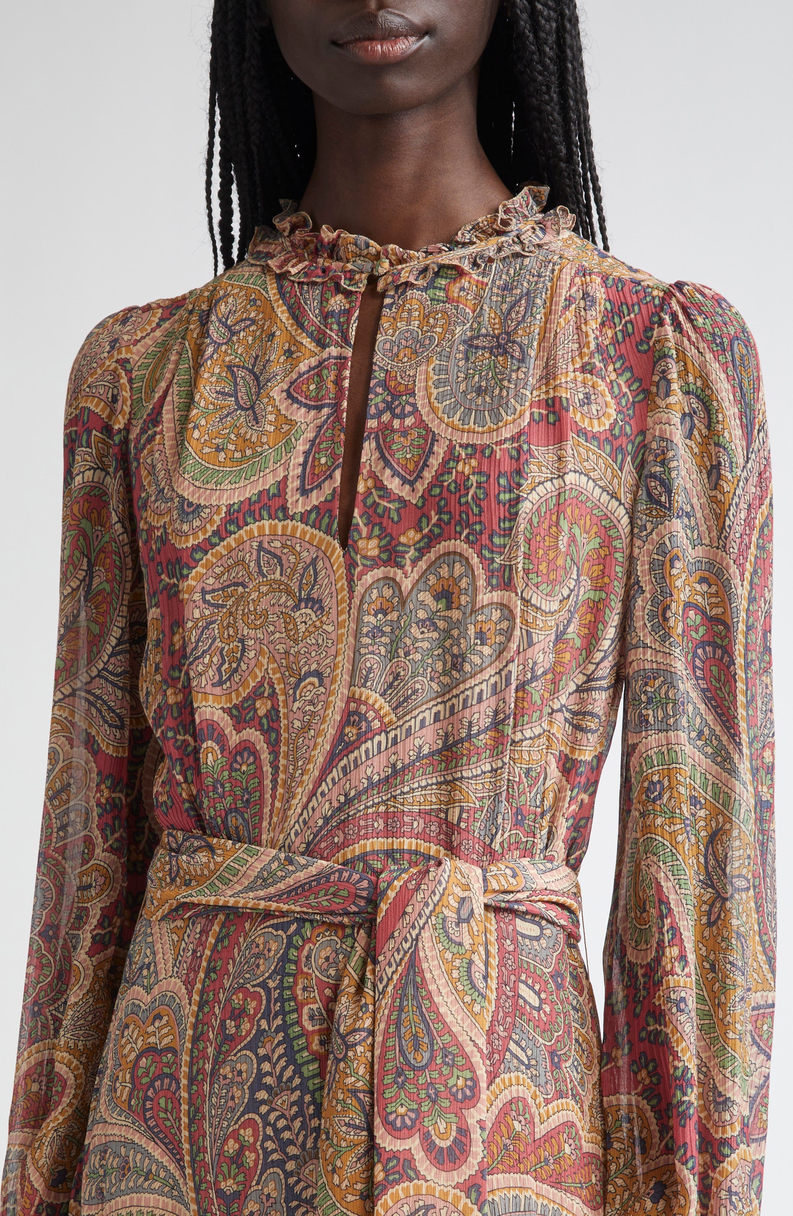 Etro Paisley Print Long Sleeve Belted Crepon Midi Dress in Bordeaux at Nordstrom - 4