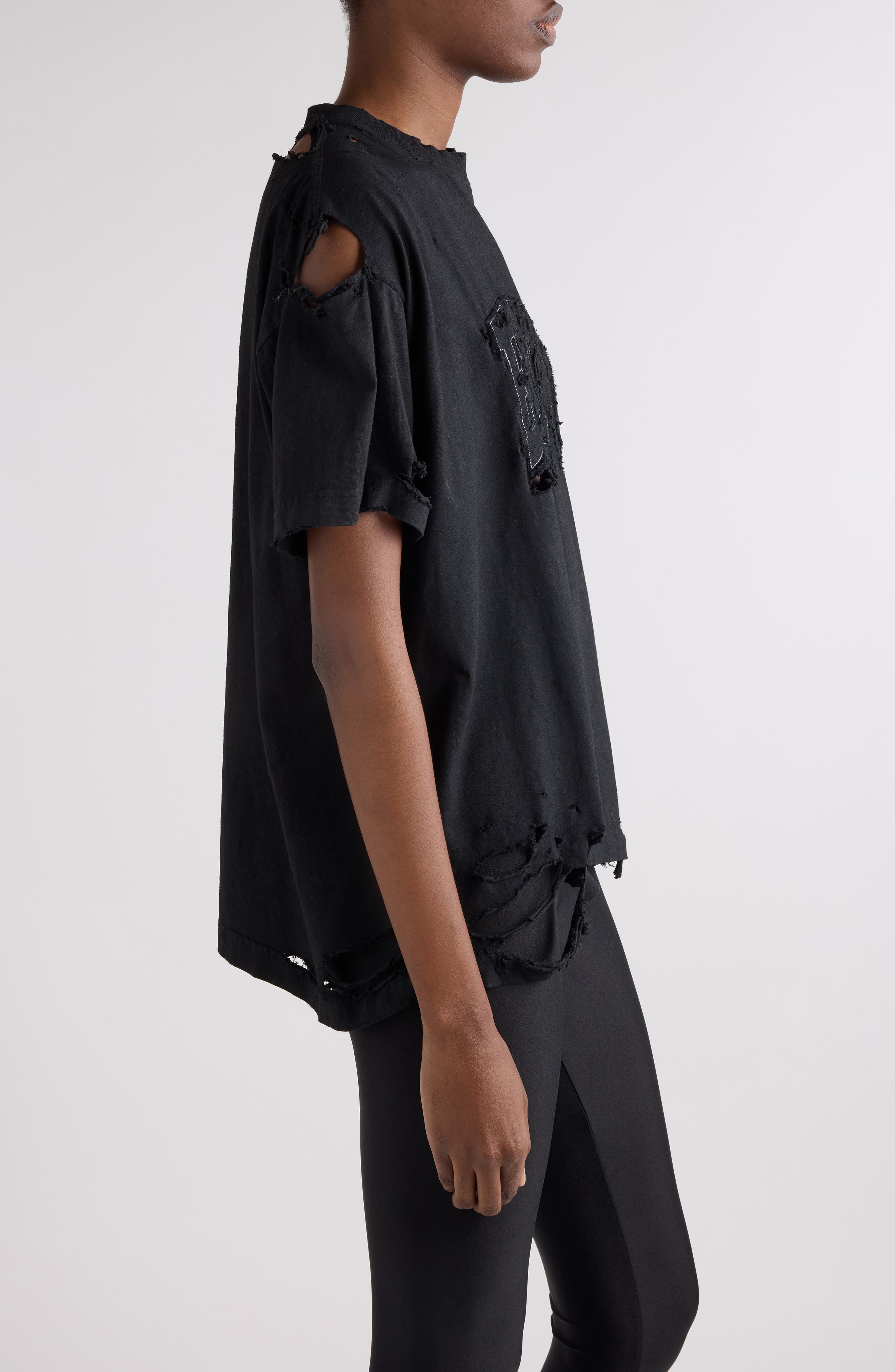 Balenciaga Boxy Distressed Emo Embroidered T-Shirt in 1041 Faded Washed Black at Nordstrom - 4