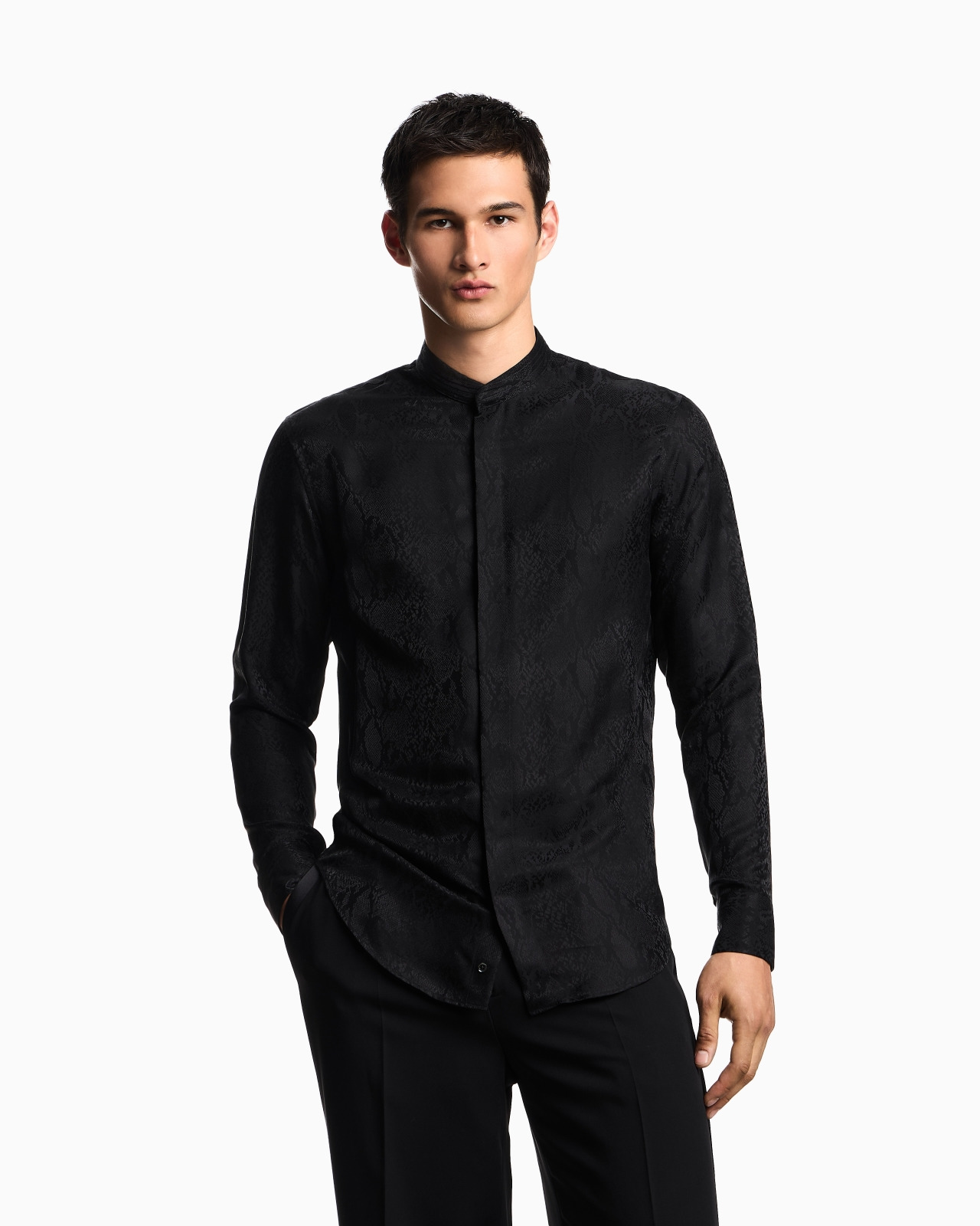 SILK-BLEND ANIMAL JACQUARD SHIRT WITH GURU COLLAR - 4