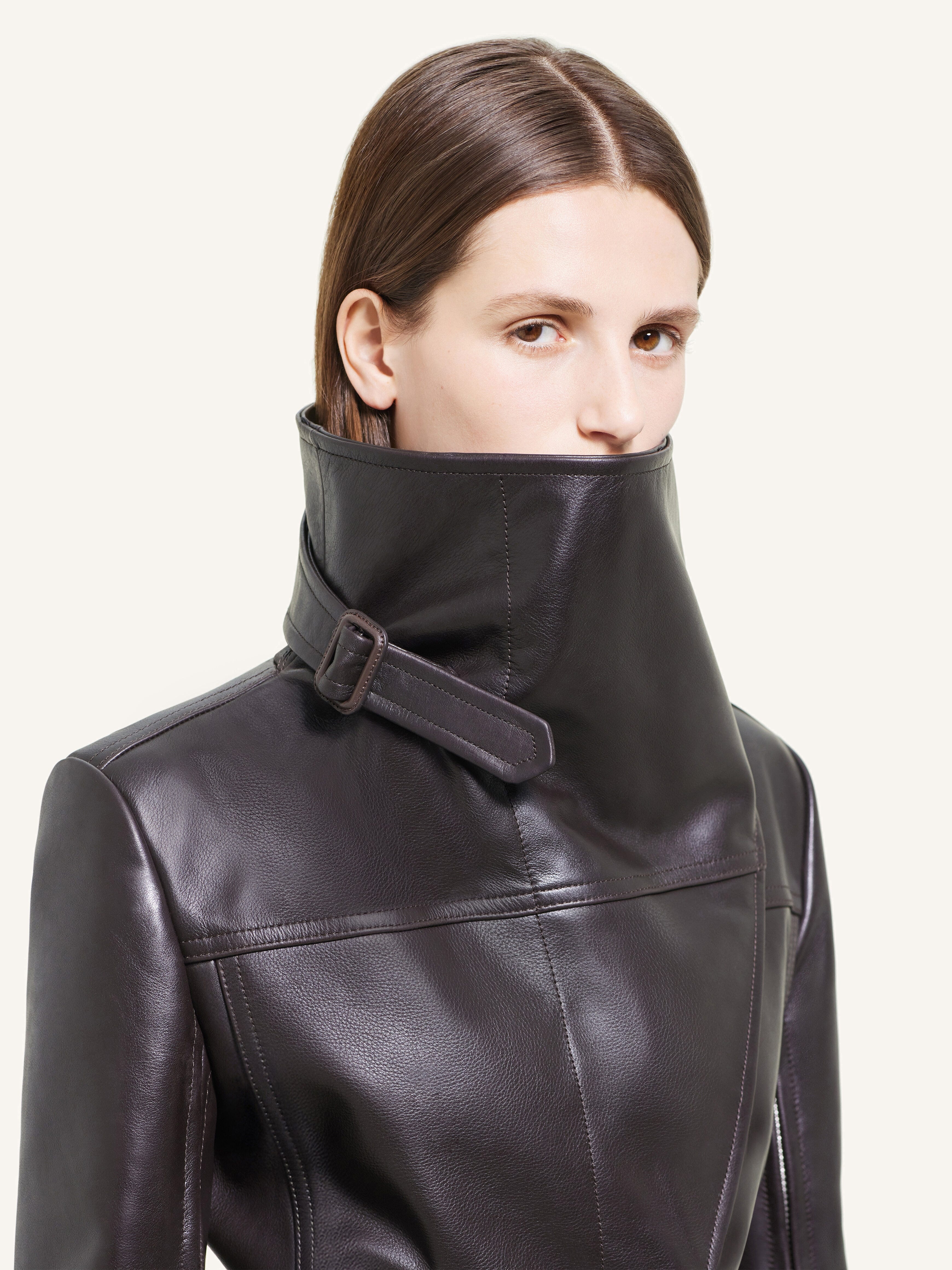 LONG LEATHER SHEARLING COLLAR COAT - 4