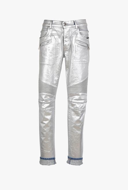 Embossed silvery cotton slim jeans with Balmain-monogrammed hem - 1