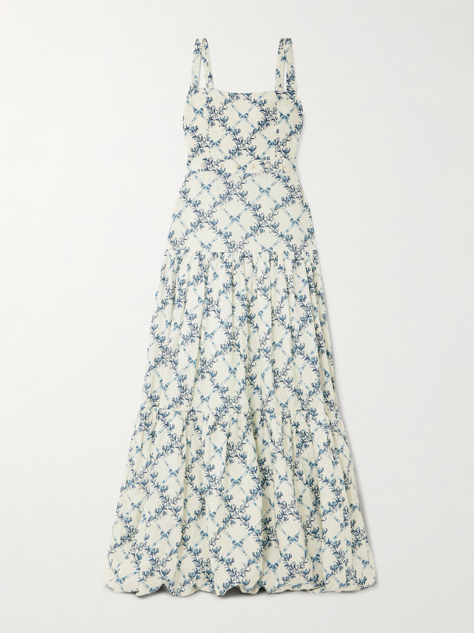Lima Gloriosa tiered faux pearl-embellished printed linen maxi dress Off-white - 1