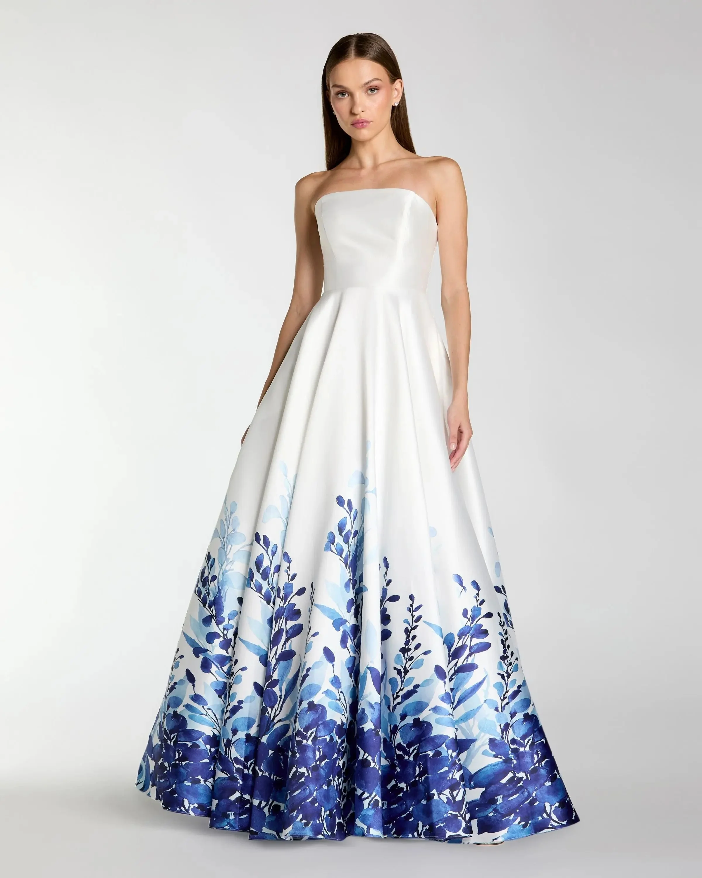 White Strapless Floral Printed Mikado Ball Gown - 1