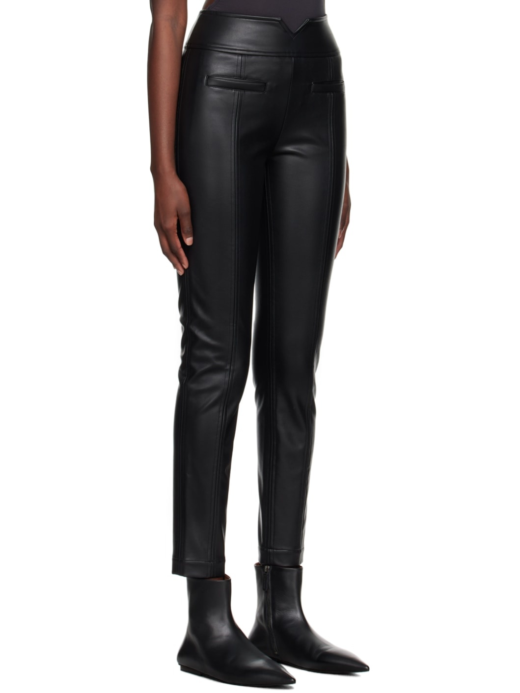 Black Straight Seams Faux-Leather Trousers - 2