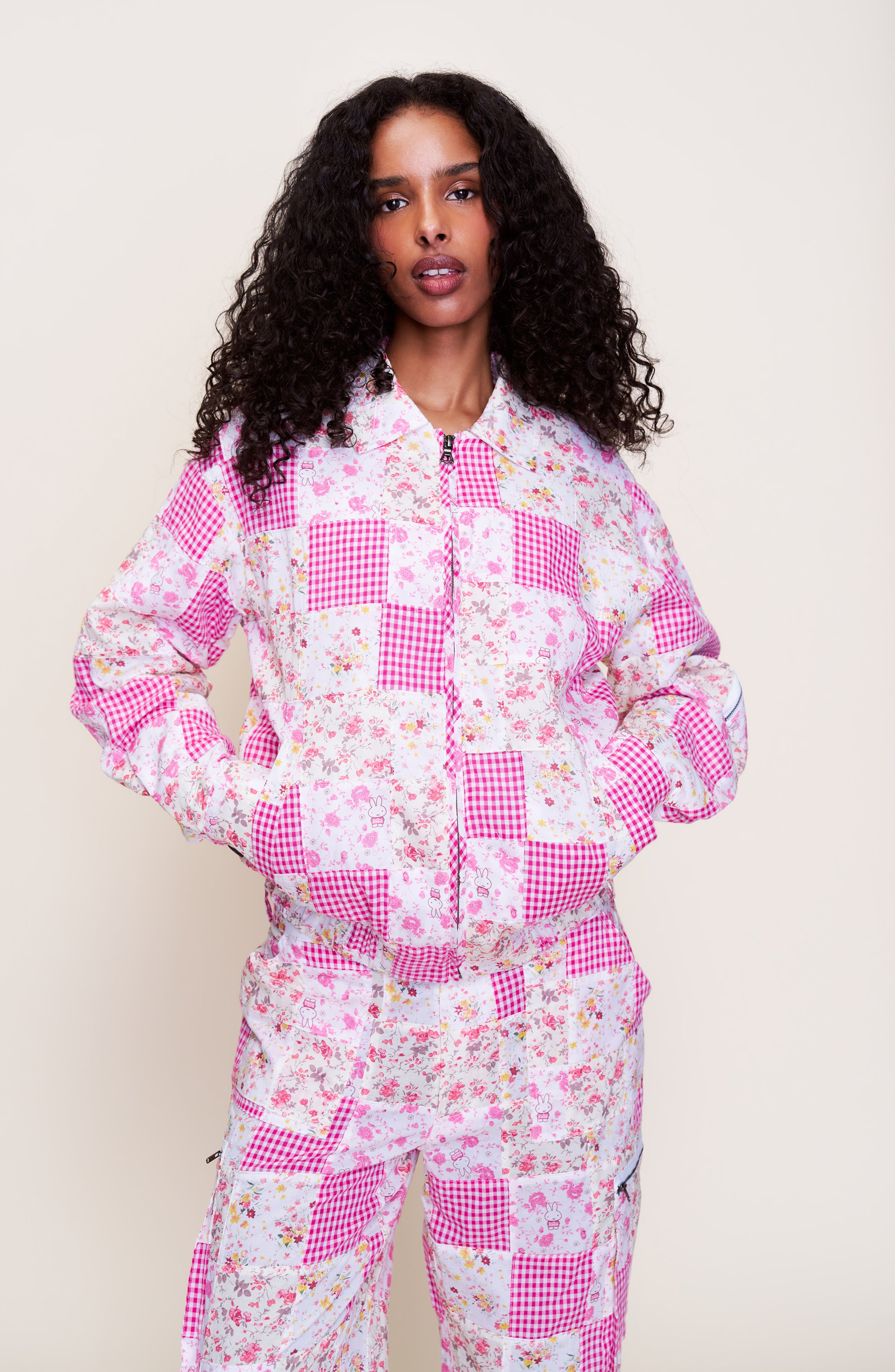 Guizio Adrian Patchwork Bomber in Pink Multi Plaid at Nordstrom - 1