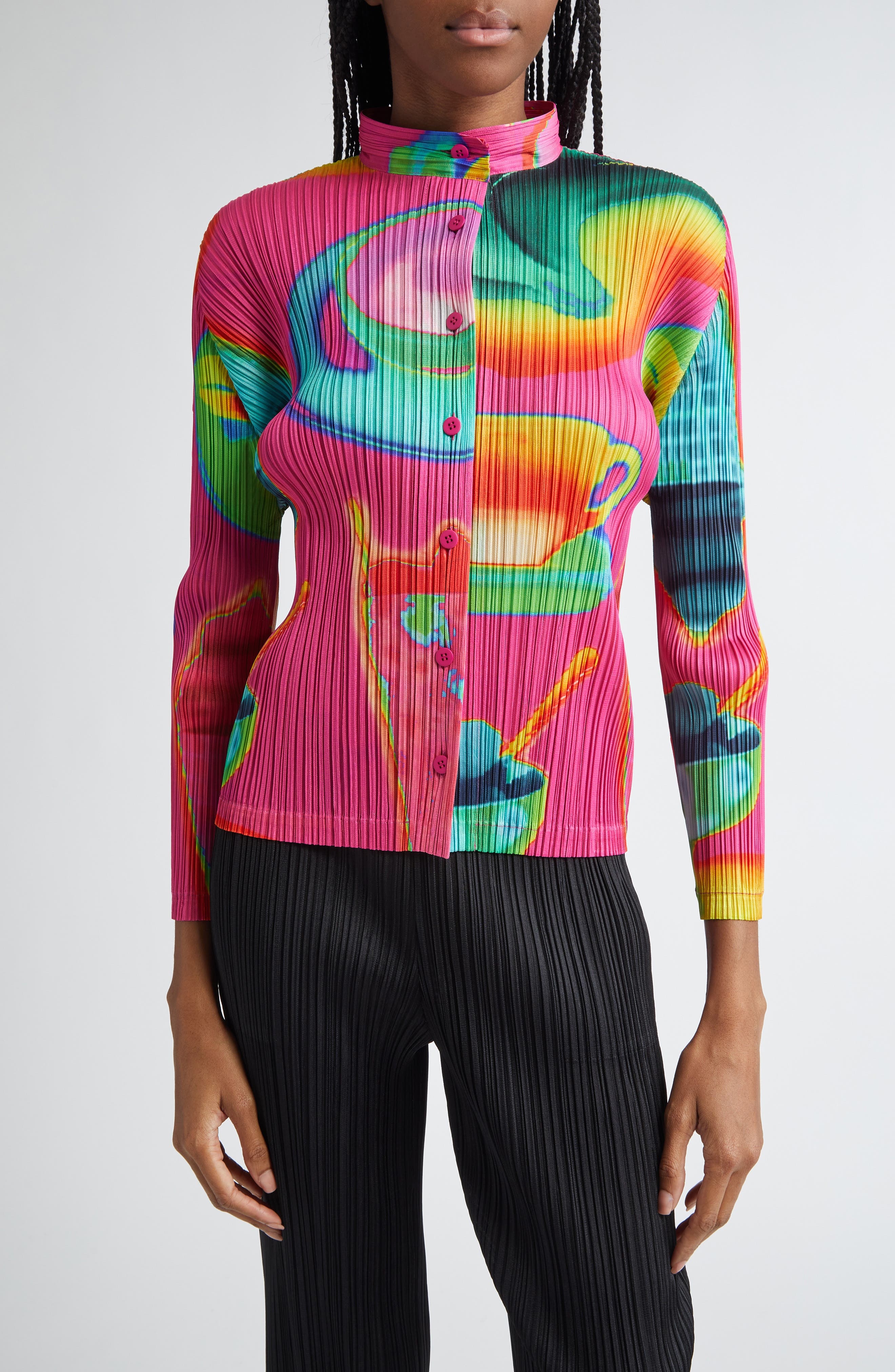 Pleats Please Issey Miyake Thermal Foods Print Pleated Cardigan in Pink at Nordstrom - 1