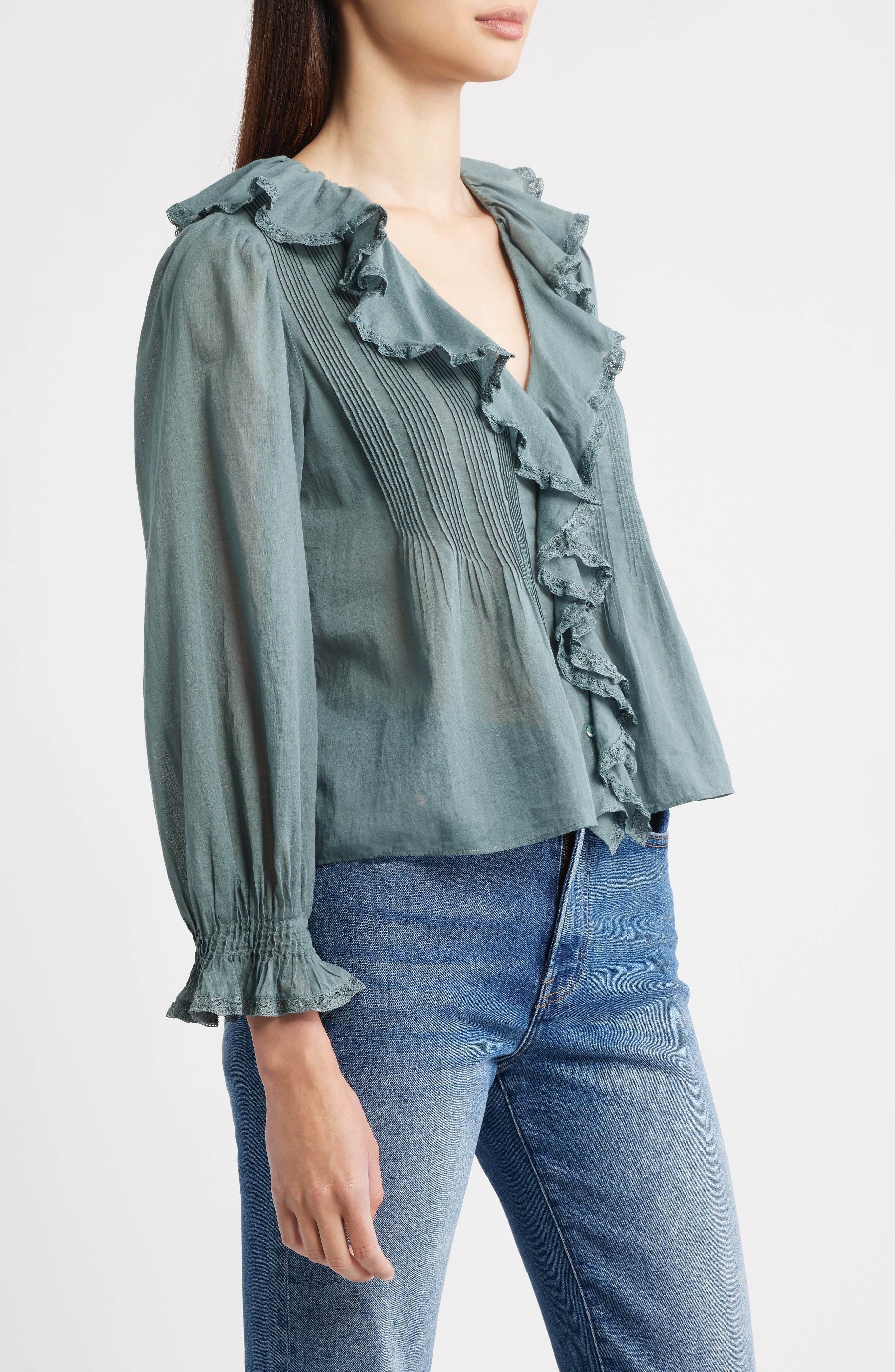 DÔEN Hardy Ruffle Pintuck Organic Cotton Top in Lagoon at Nordstrom - 3