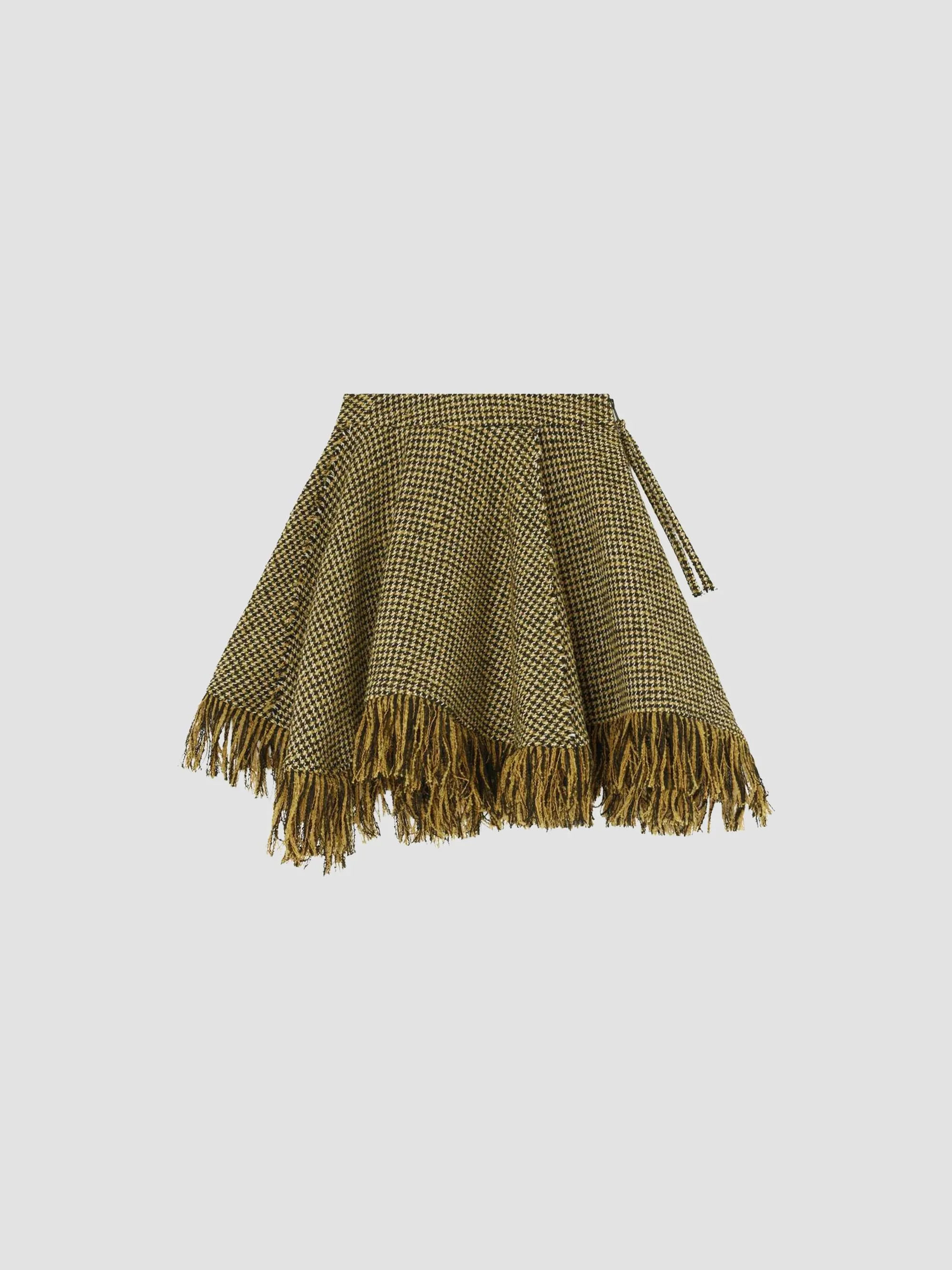 Women's Fringed Houndstooth Asymmetric Mini Skirt - Blazing Yellow - 1