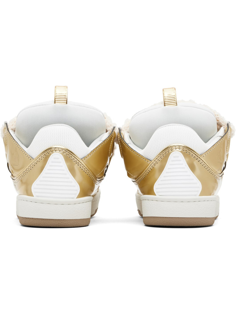 Gold & White Curb Metallic Leather With Mesh Laces Sneakers 2