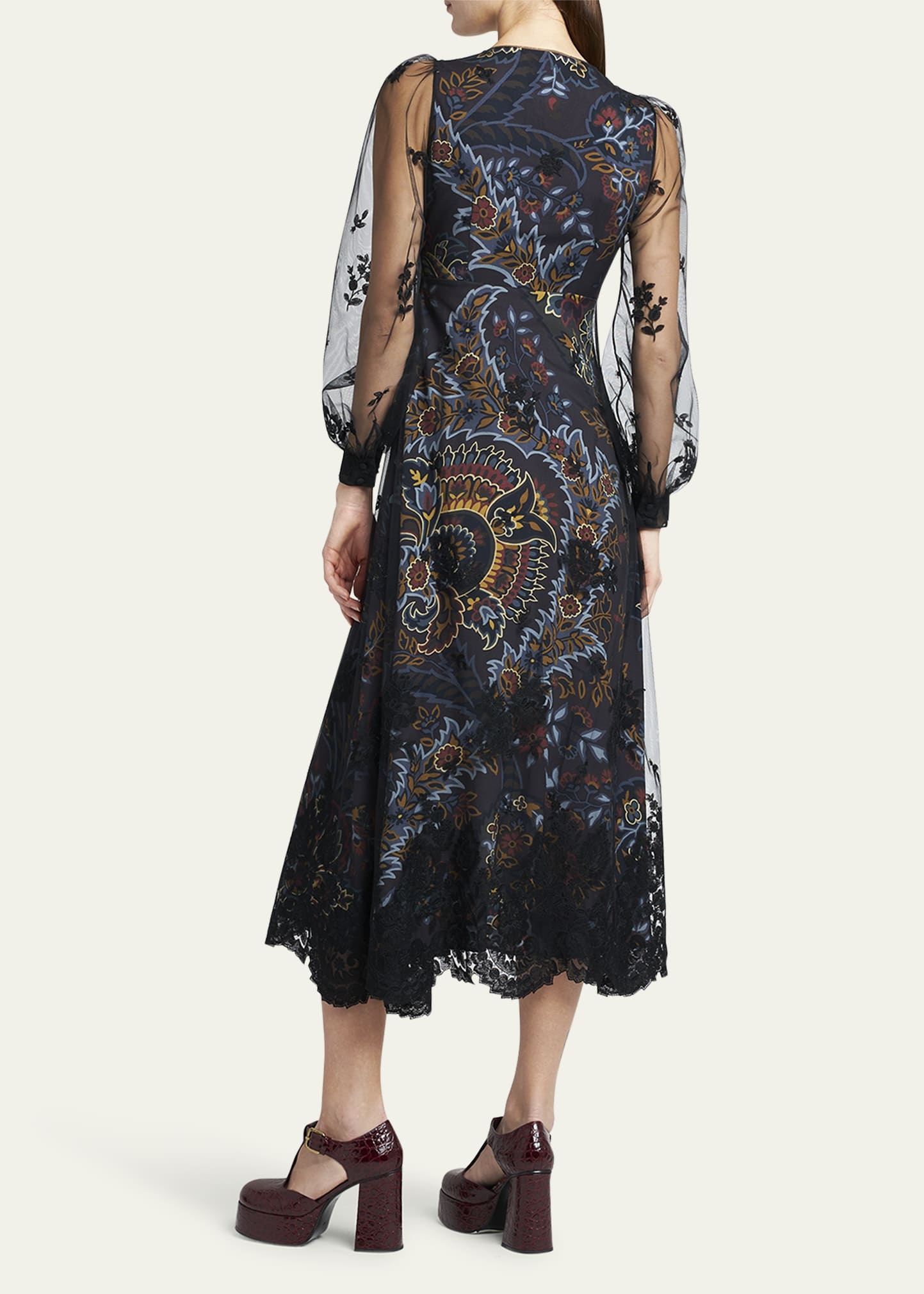 Printed Floral Embroidered Balloon Sleeve Midi Dress - 3