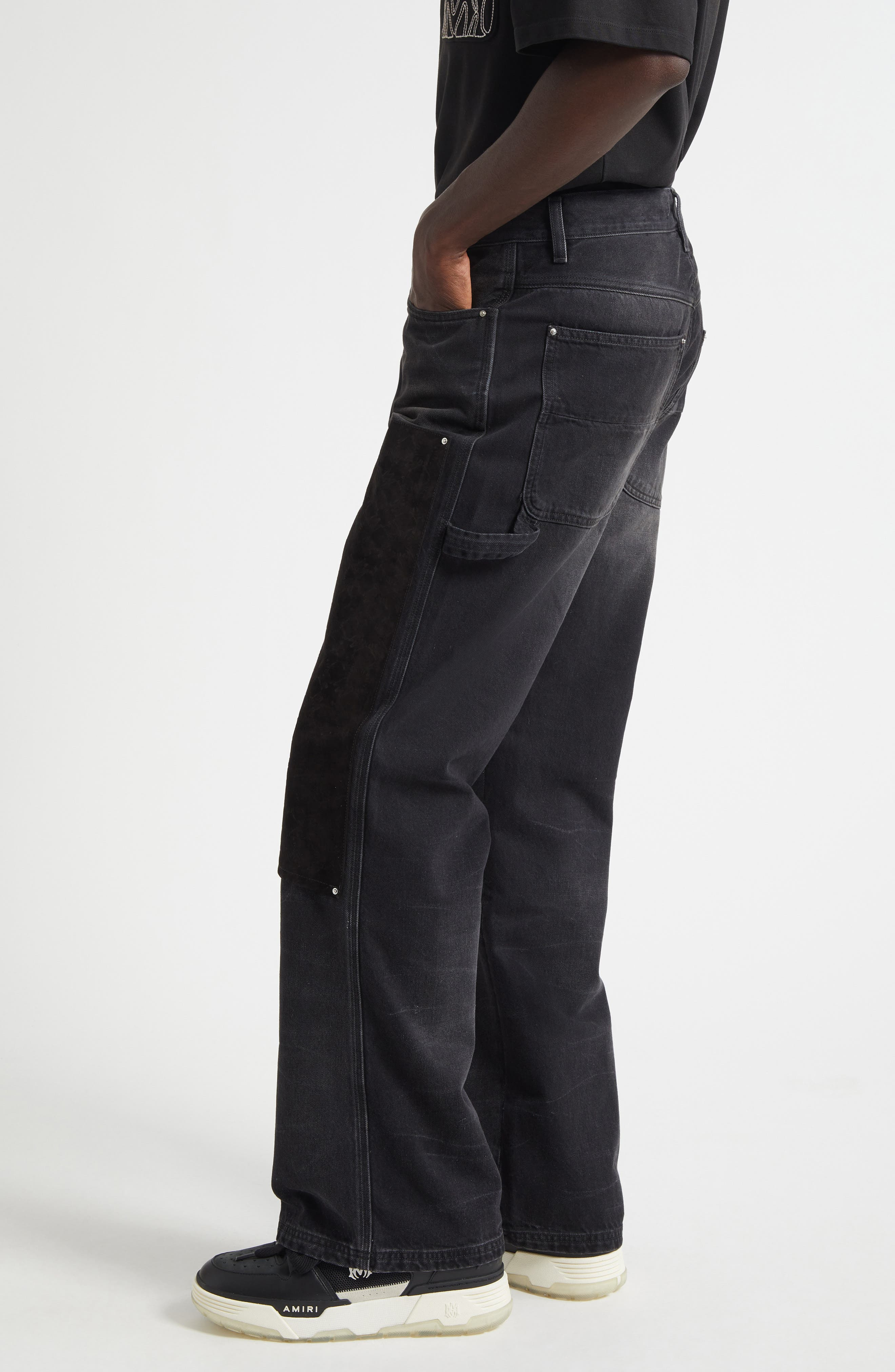 AMIRI MA Quad Suede Panel Carpenter Jeans in Faded Black at Nordstrom - 4