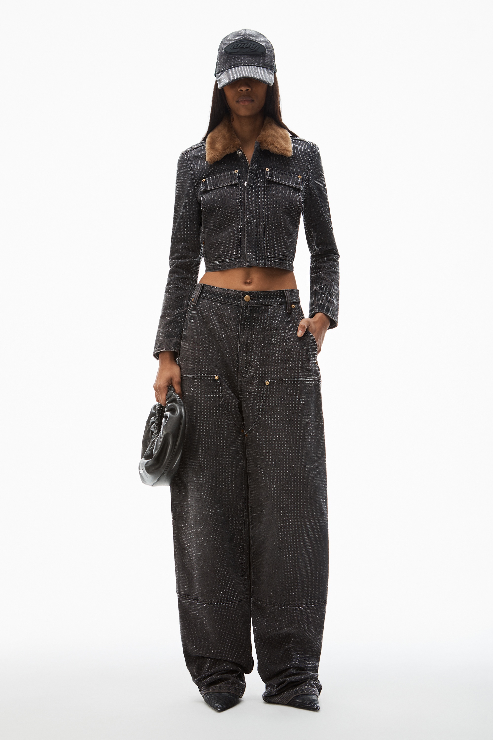 crystal hotfix shrunken workwear jacket in cotton - 2