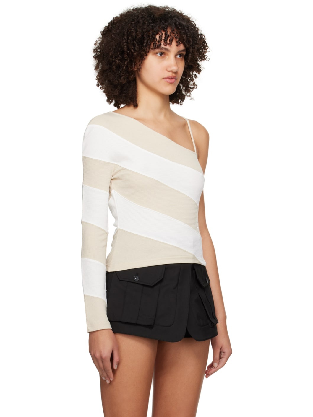 Beige & Off-White Oblique Long Sleeve T-Shirt - 2