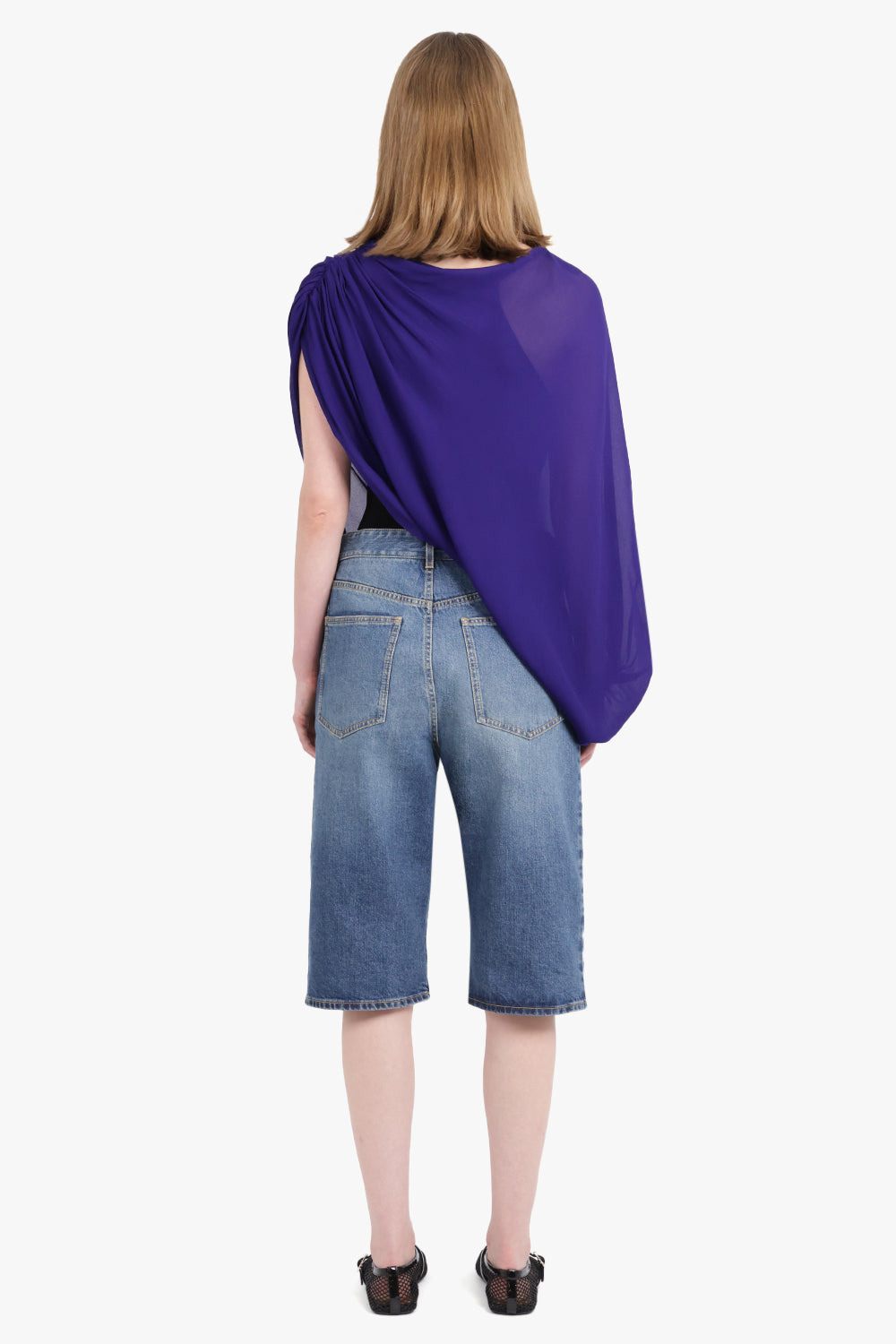 KNIT BAND DENIM JEAN SHORTS | BLUE/BLACK - 5