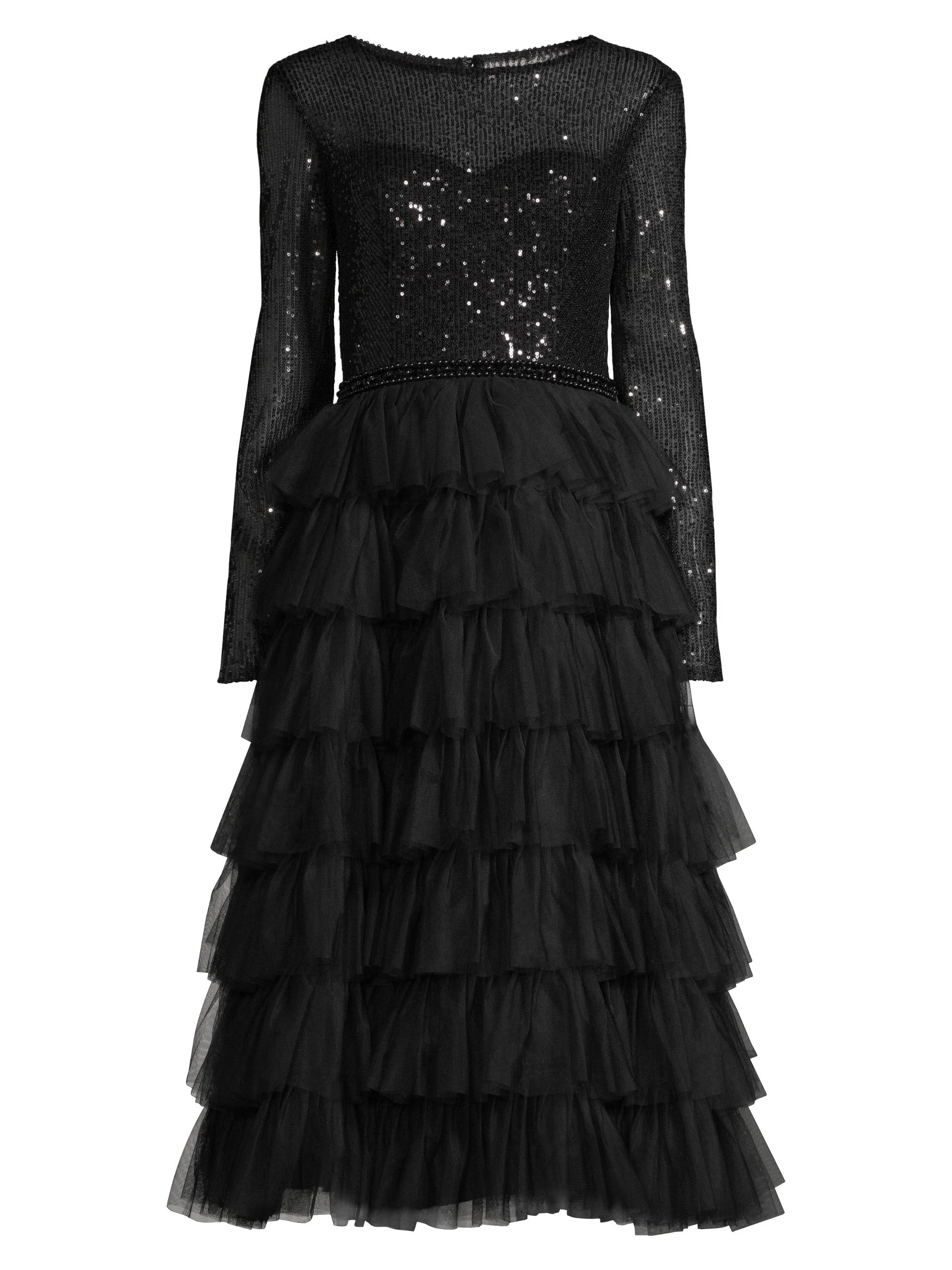 Women's Sequined Tea-Length Dress - Black - 1