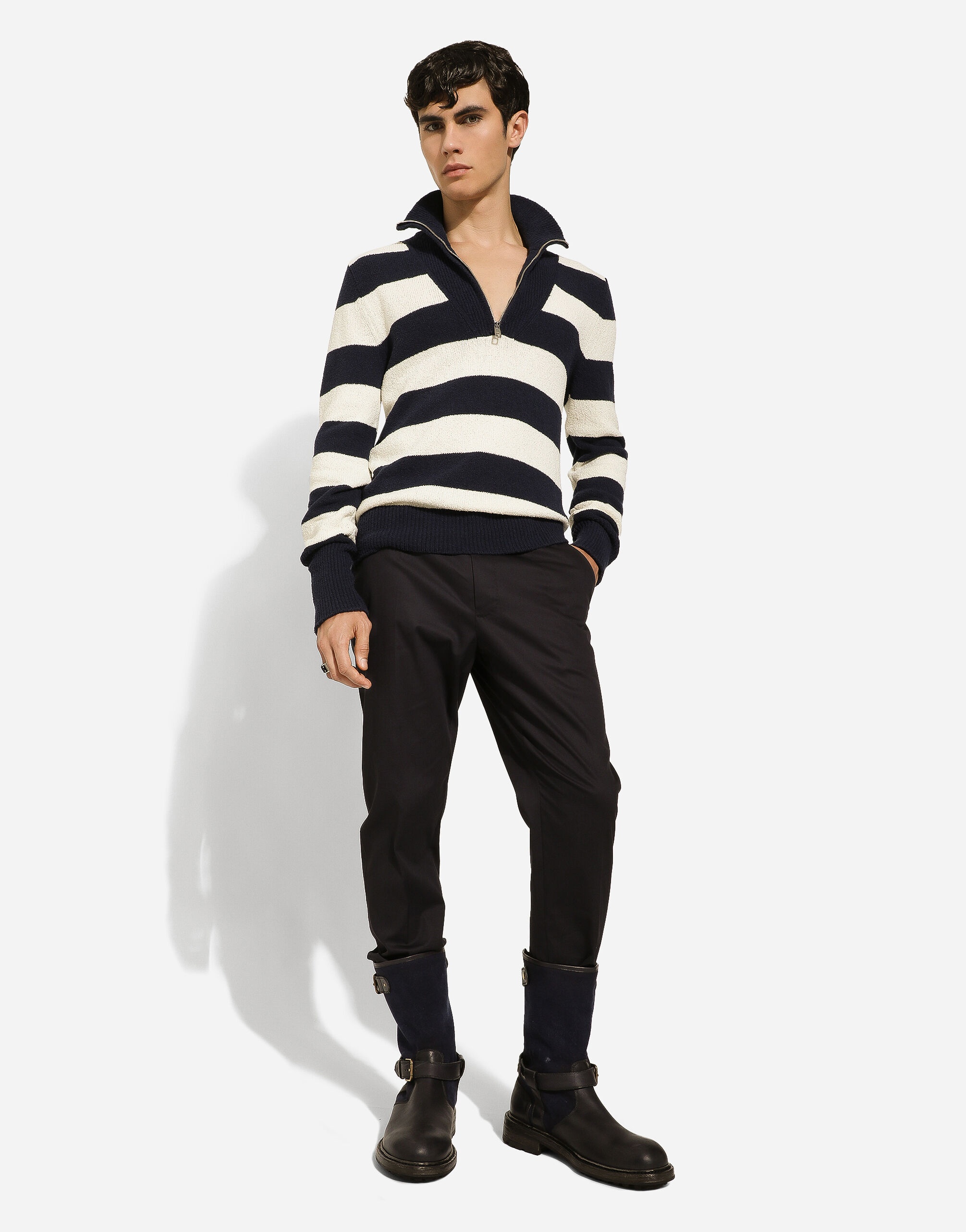 Striped cotton pullover with zipper - 5