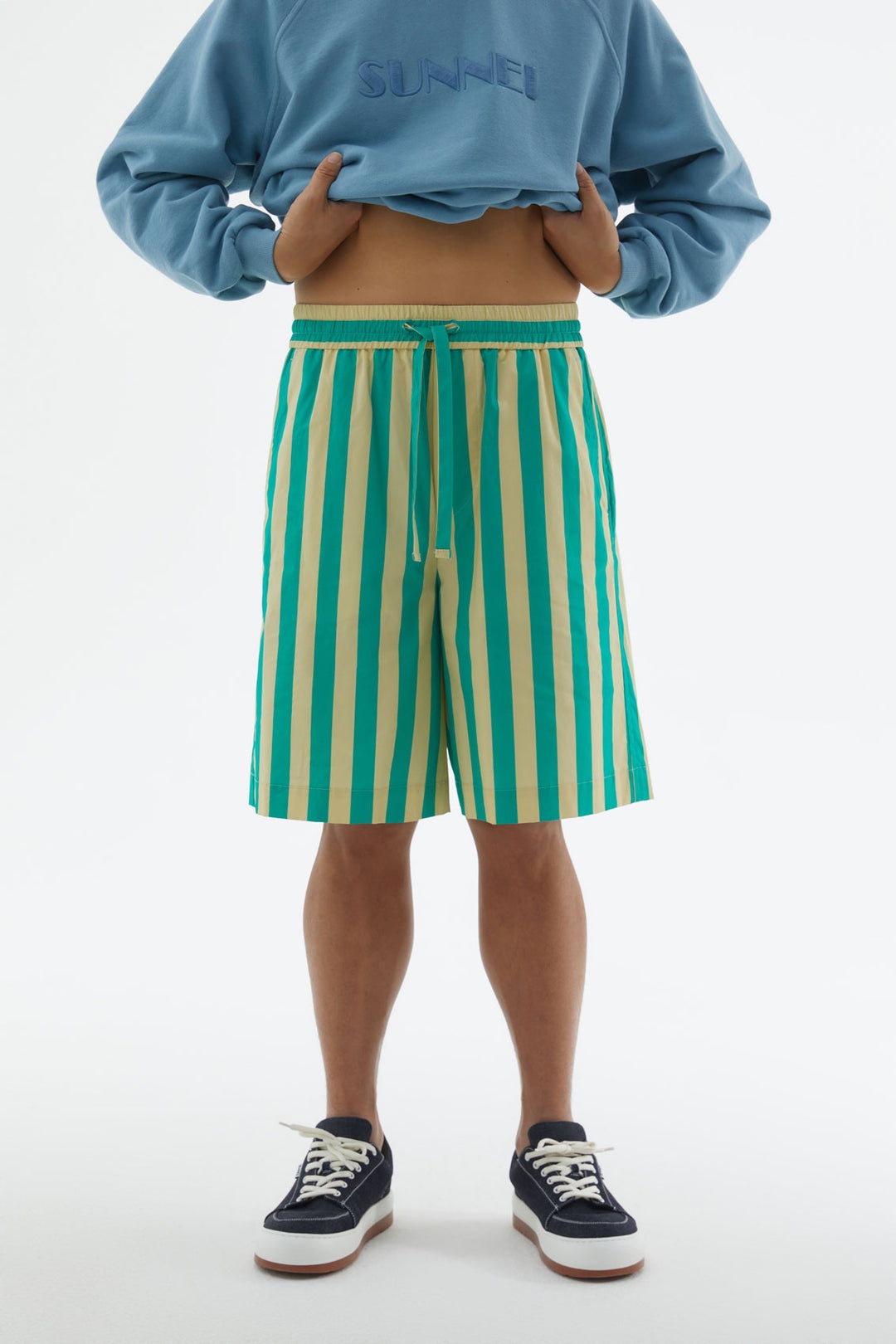 SHORT ELASTIC PANTS WITH GREEN & YELLOW STRIPES - 1