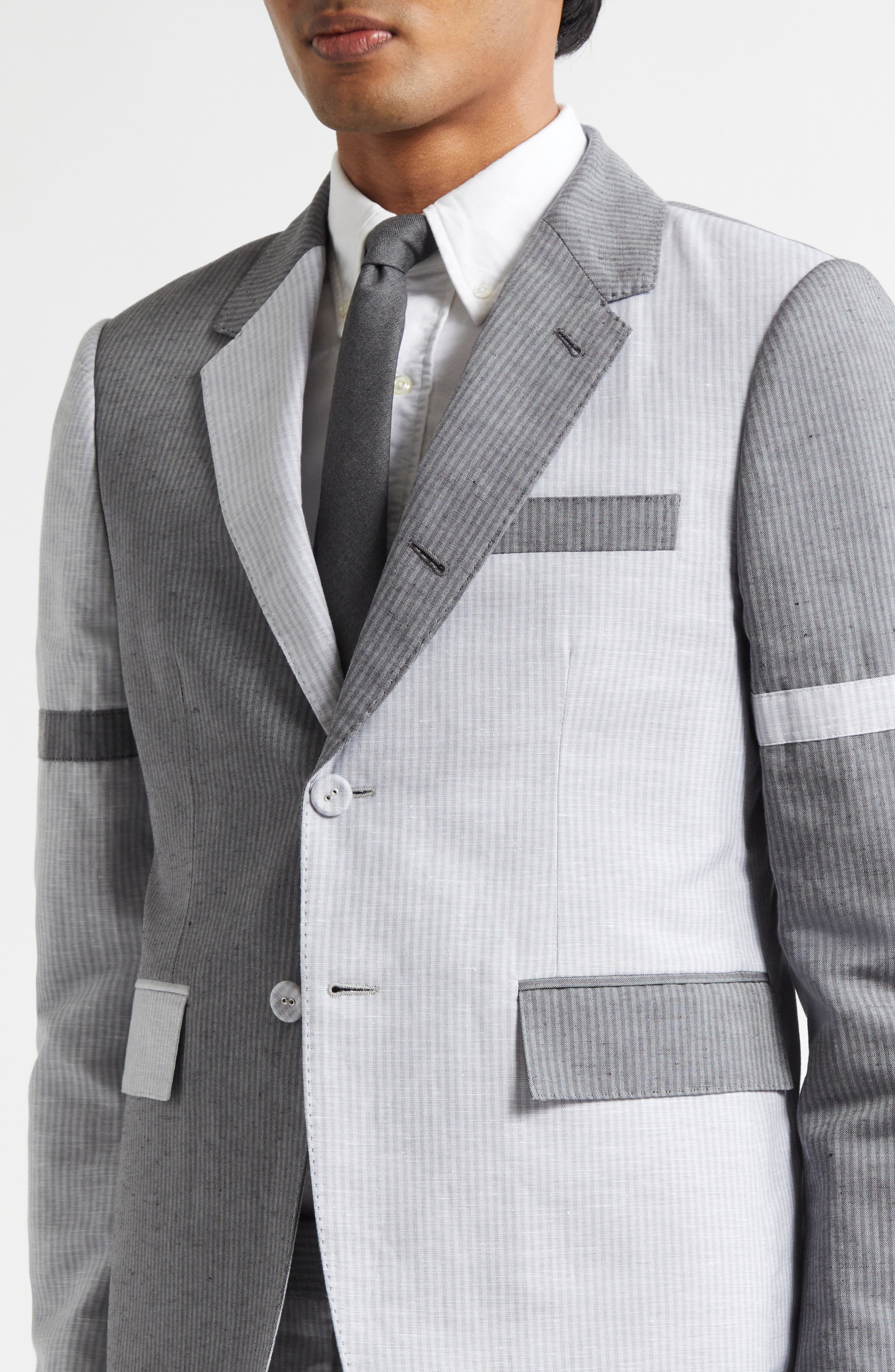 Thom Browne Fit 1 Stripe Patchwork Linen & Cotton Sport Coat with Armbands in Light Grey at Nordstro - 4