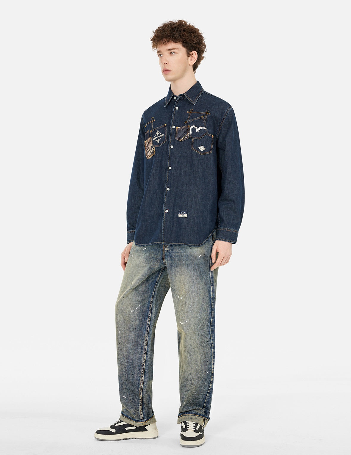 Multi-Pocket with Brocade Patch Relax Fit Denim Shirt - 3