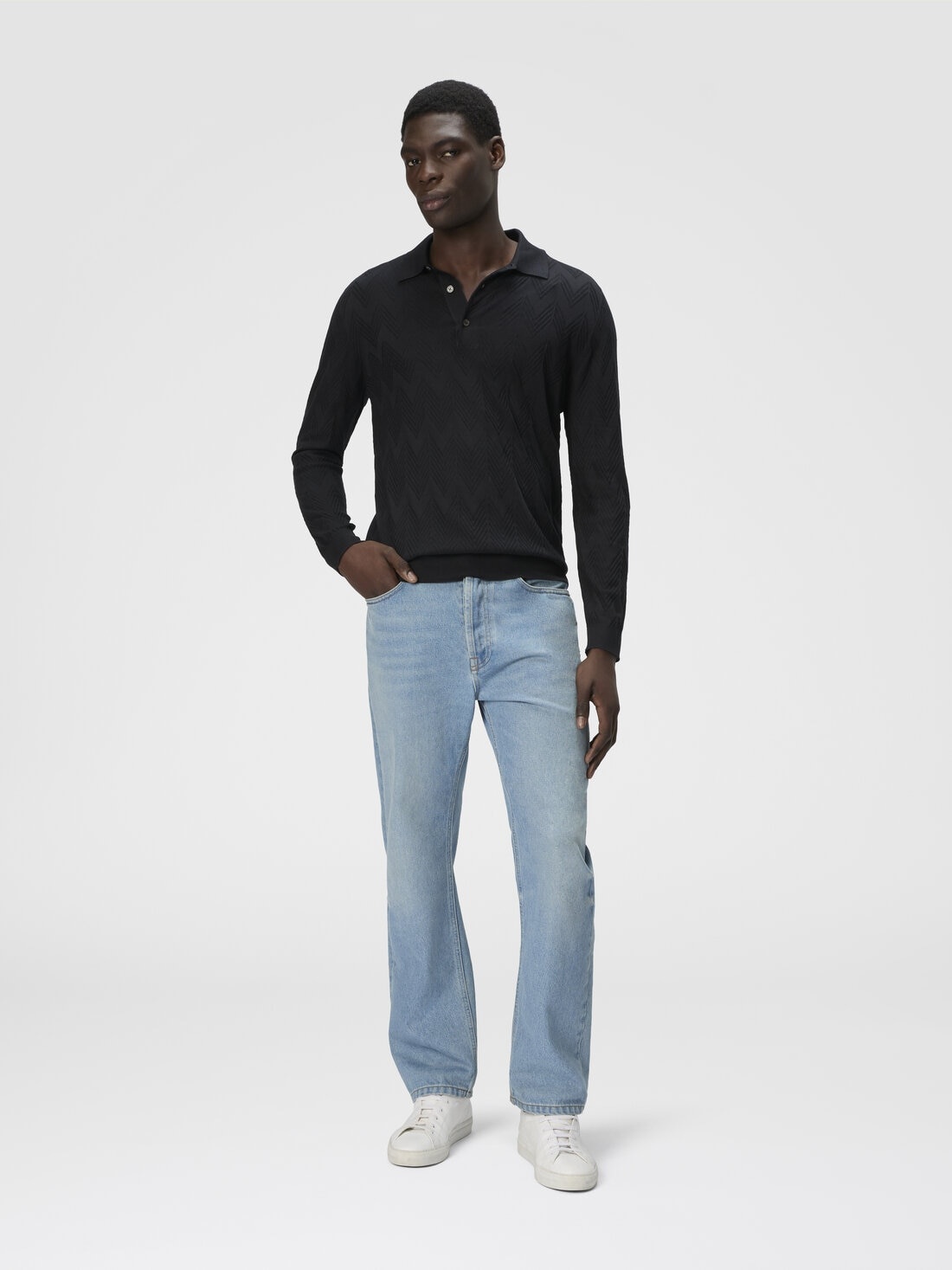 Long-sleeved polo shirt in 3D chevron cotton and silk - 2