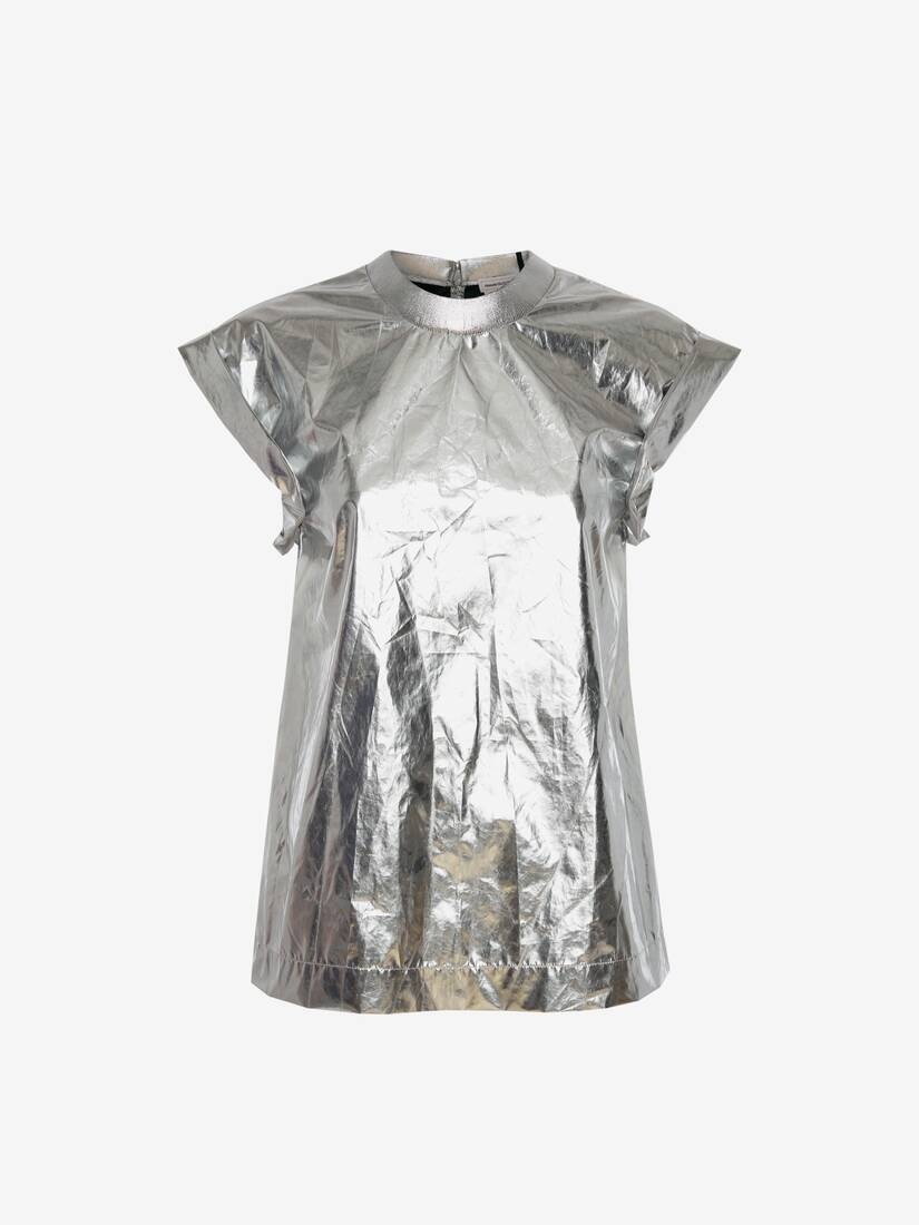 Cap Sleeve Metallic T-shirt in Silver - 1