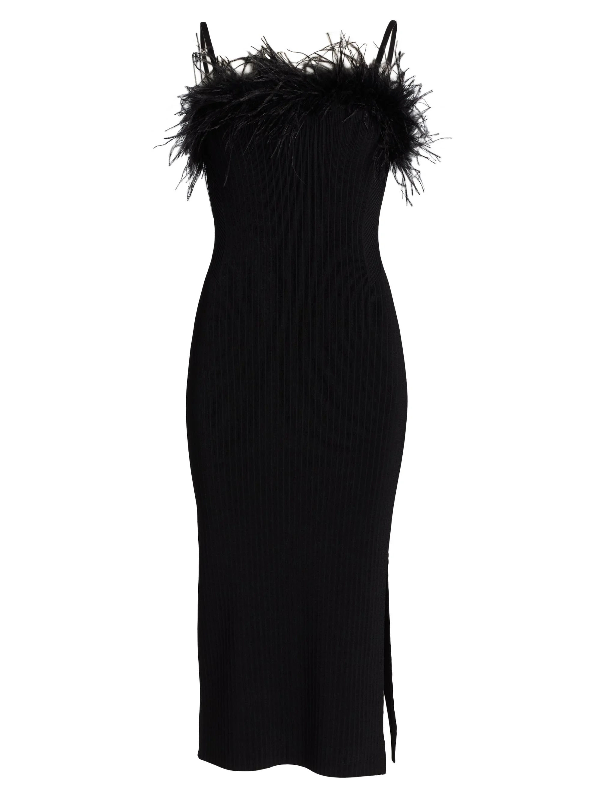 Women's Robena Feather-Trimmed Ribbed Midi-Dress - Black - 1