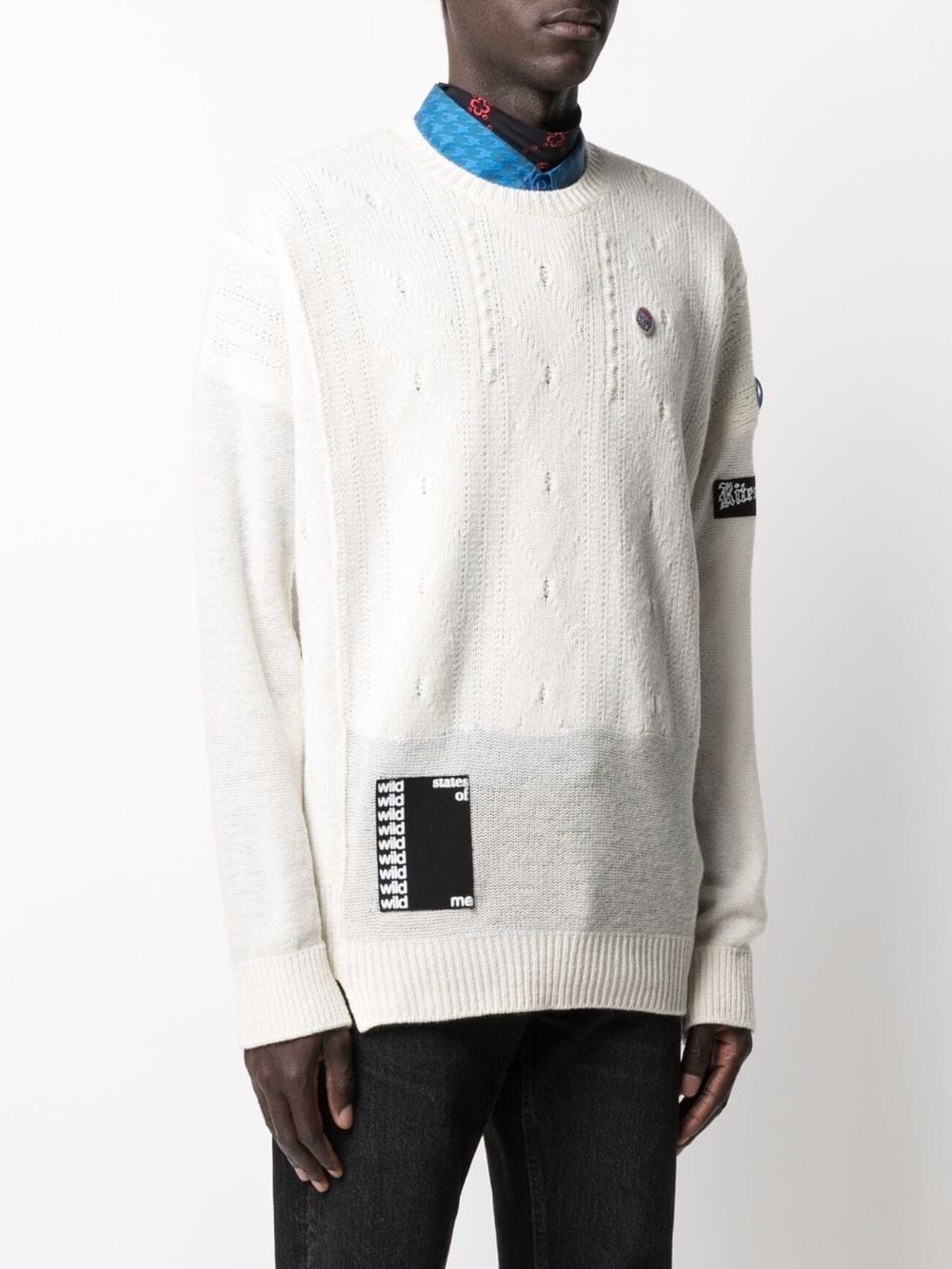 Reversed slogan-patch cable knit jumper - 3