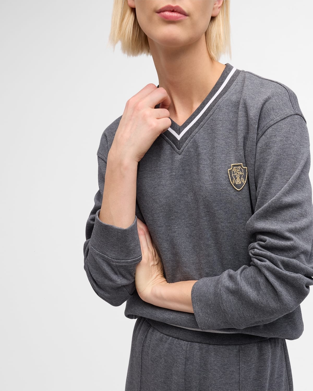 Crest-Embroidered Striped V-Neck Piquet Fleece Sweatshirt - 7