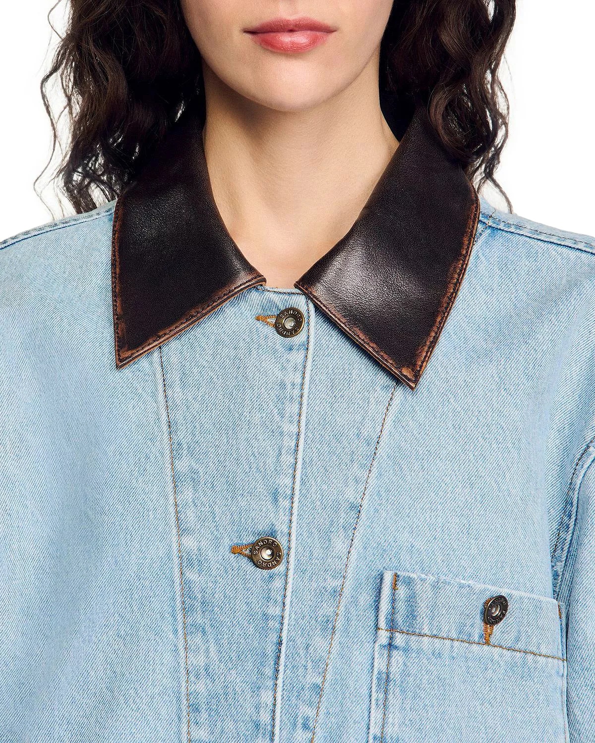 Leather Collar Denim Jacket - 4