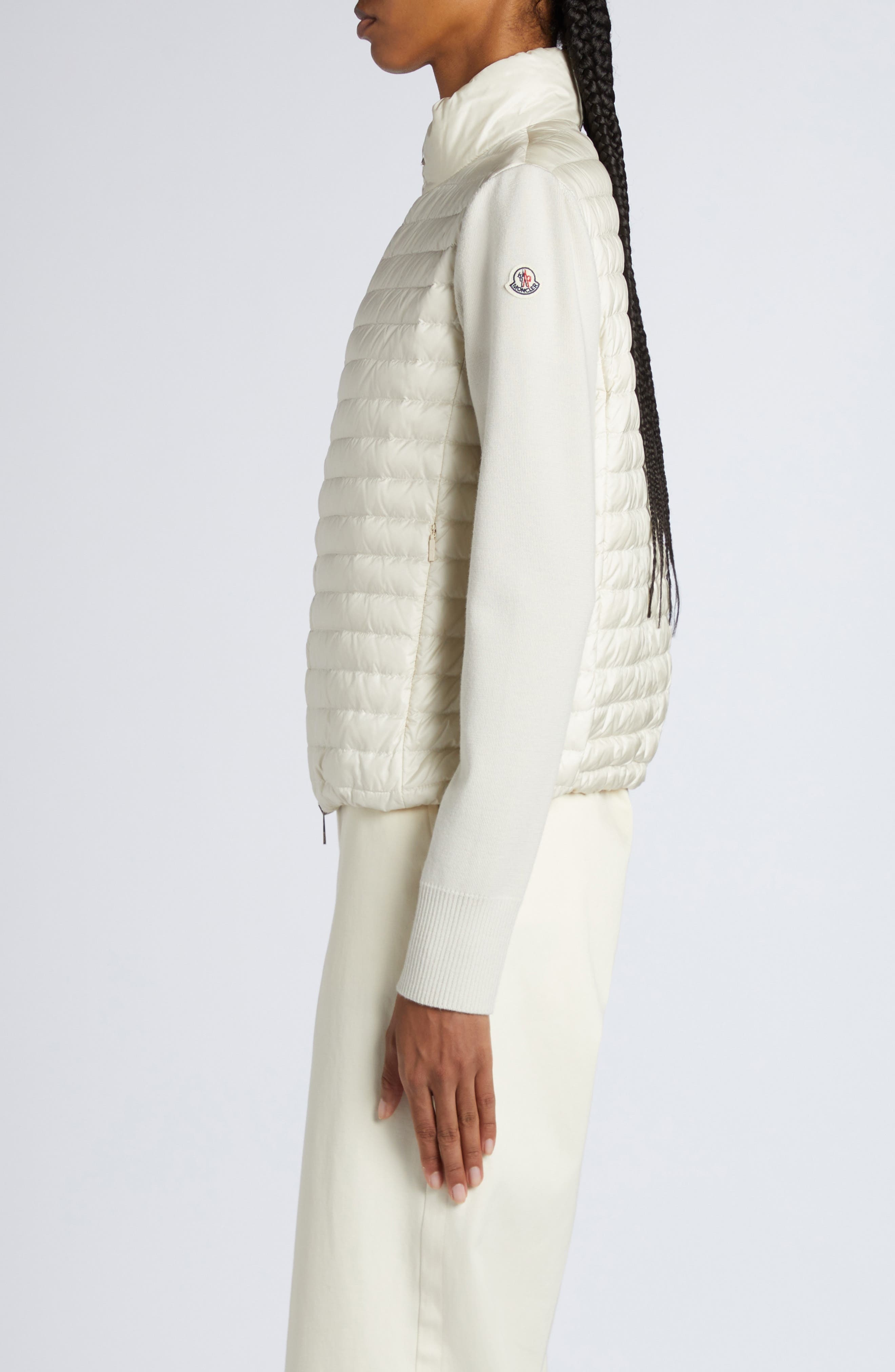 Moncler Quilted Down & Virgin Wool Knit Cardigan in Pearl White at Nordstrom - 4