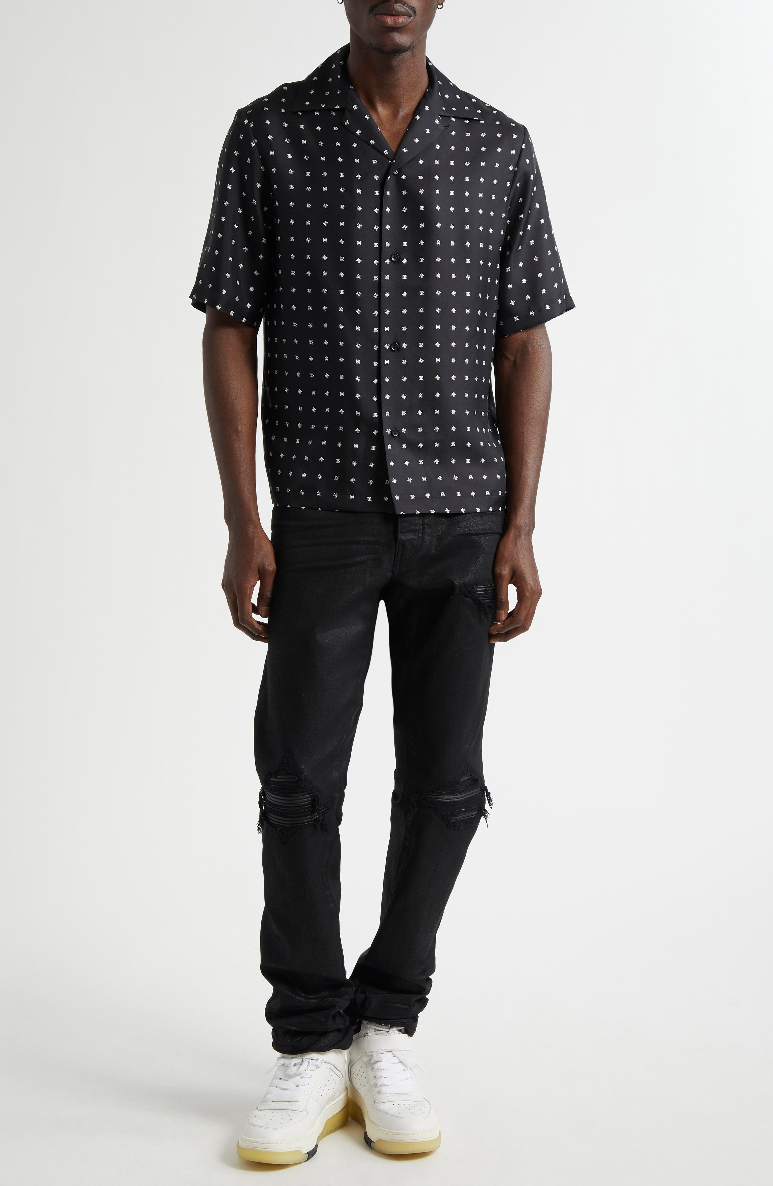 AMIRI Mix & Match Monogram Logo Print Silk Camp Shirt in Black at Nordstrom - 2