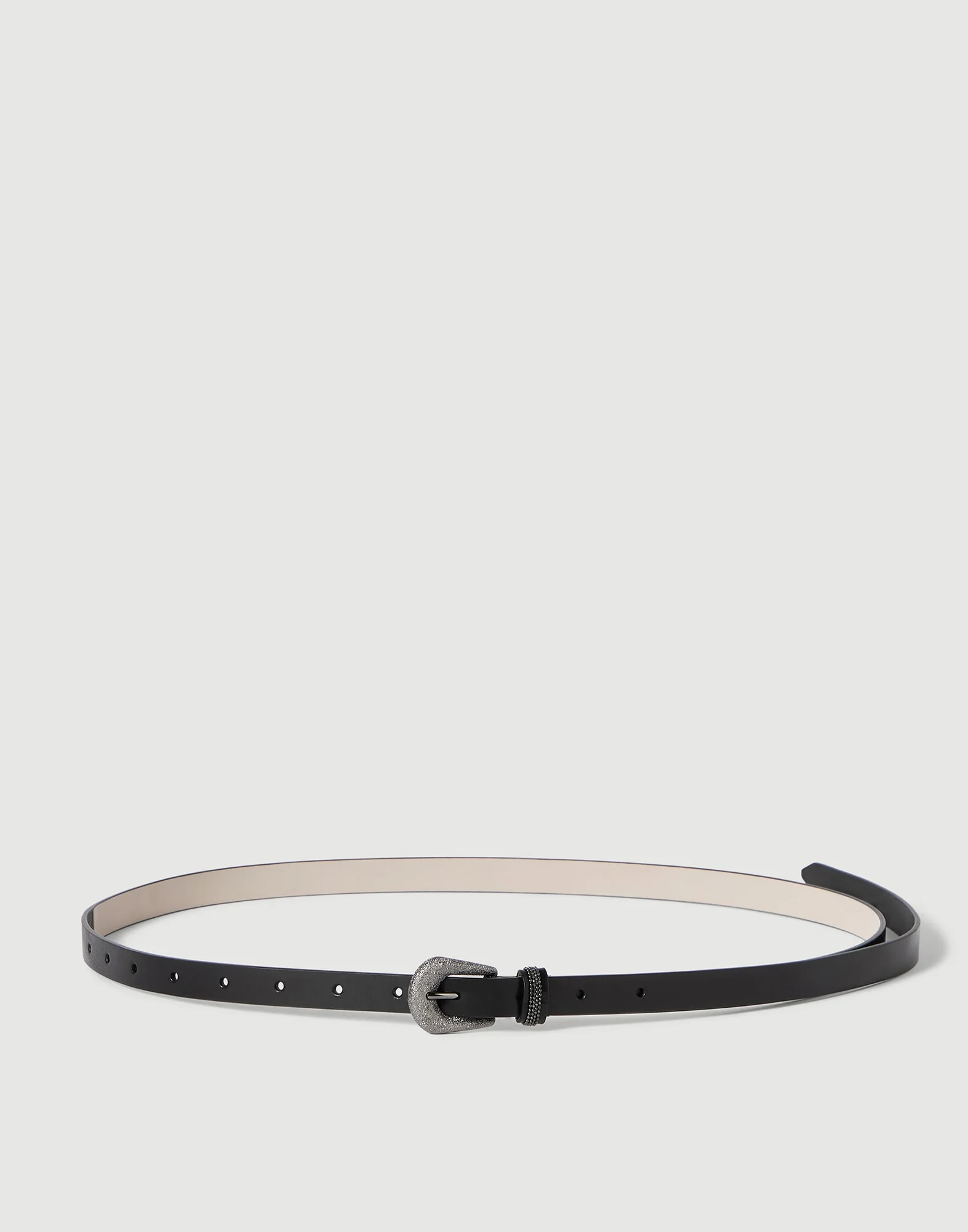 Vintage-effect leather belt with shimmering buckle and shiny loop - 1