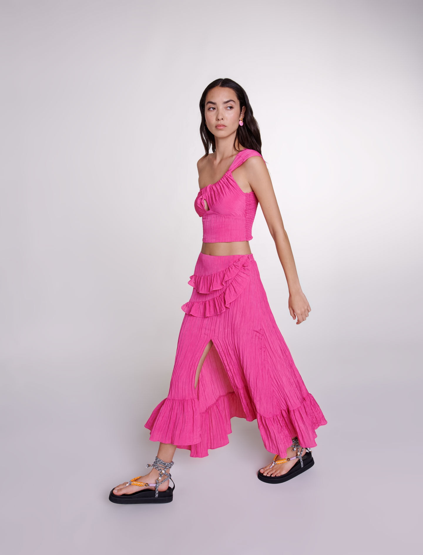 Long satin-effect crinkle skirt - 7