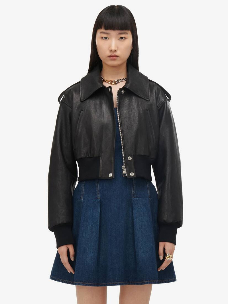 Alexander McQueen Women's Cropped Aviator Bomber Jacket in Black outlook