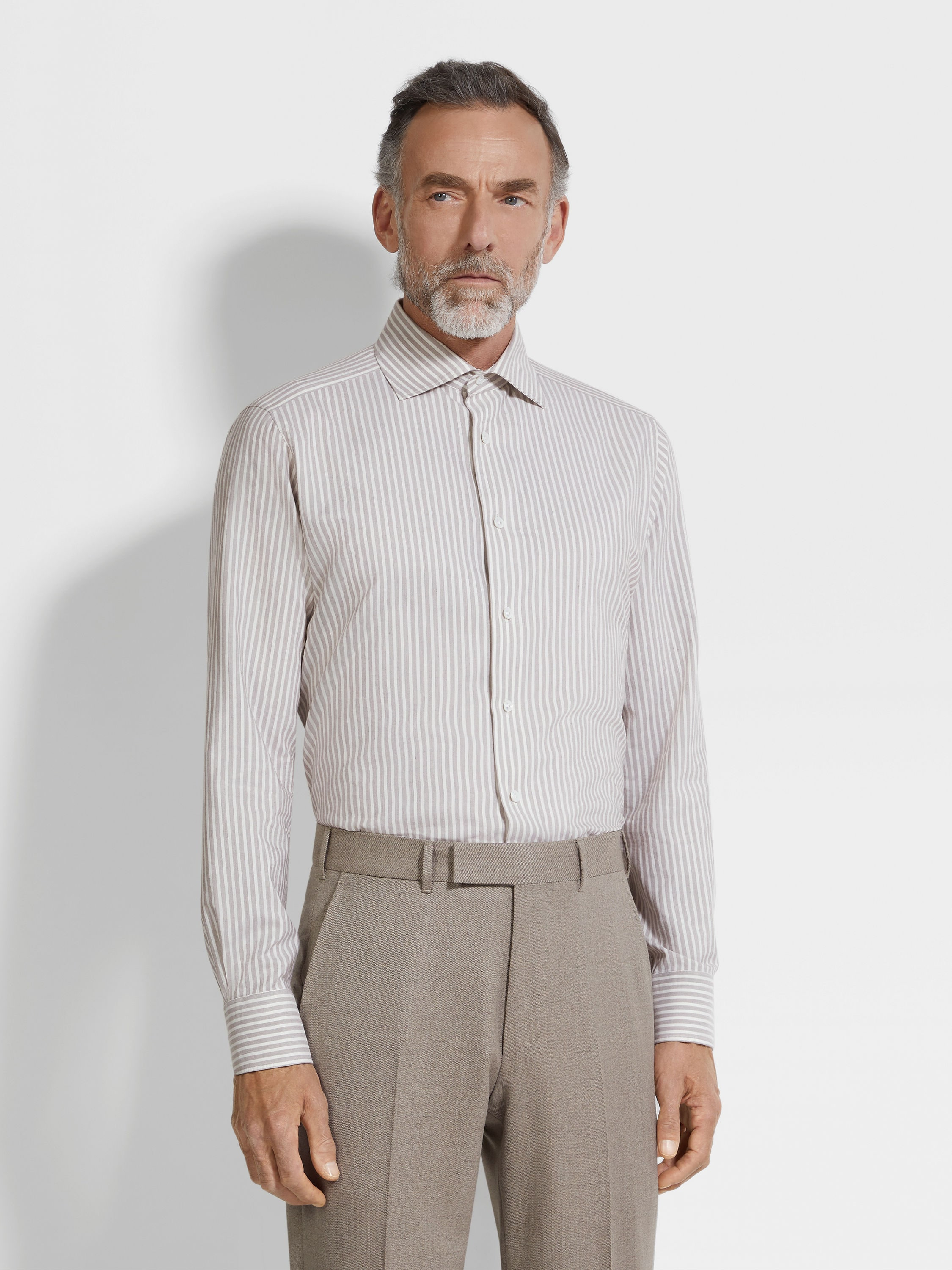 BROWN AND WHITE STRIPED SILK AND COTTON BLEND SHIRT - 4